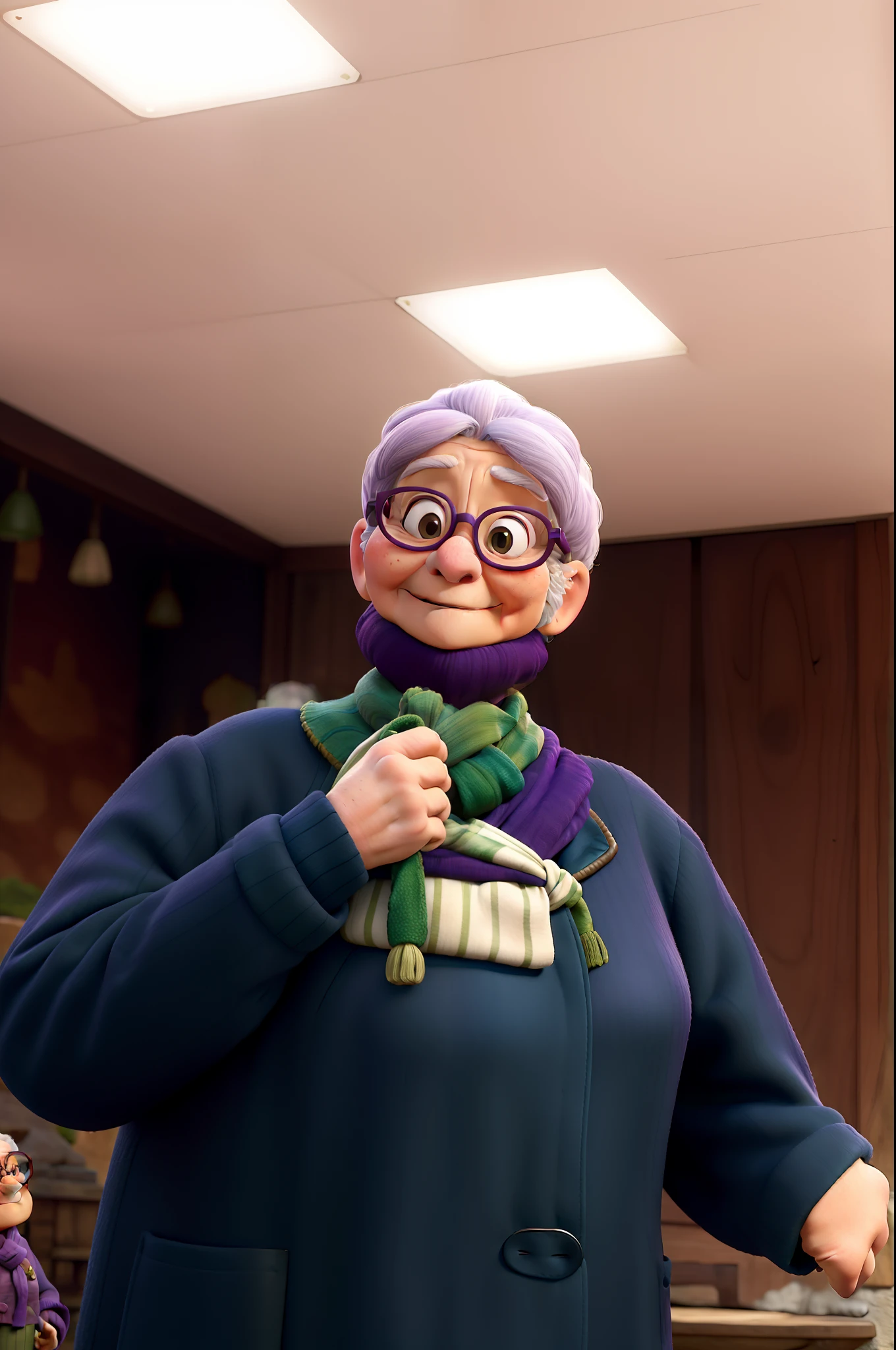 masterpiece, best quality, an old woman with glasses and a scarf on, wearing a purple coat and green scarf, standing at the park