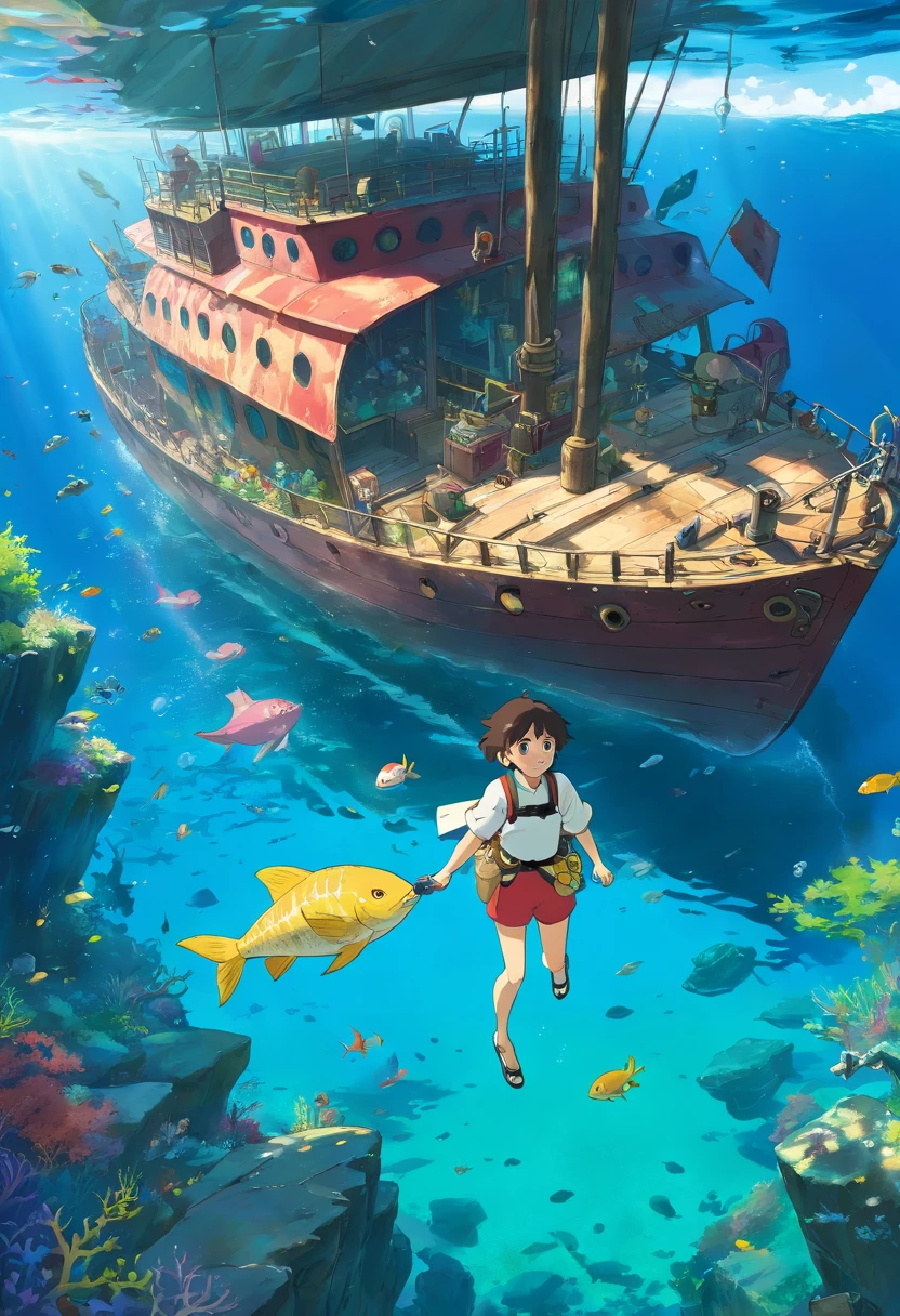 (A high resolution:1.2,hyper HD,Underwater),Amy Ross,Scuba diving,shipwreck,Clear water,the reef,Fish swimming,suns rays,Deep-sea exploration,Adventure,Explore the unknown,Diving equipment,scuba mask,Fin limbs,Wetsuit,Underwater world,Marine life,diver,Depth,underwater photography,Colorful,Remote location,Adventure sports,Shipwreck exploration,Rich biodiversity,Vivid colors,Detailed textures,water Reflections,Sunlight penetrates water,A journey of discovery,depth perception,A thrilling experience