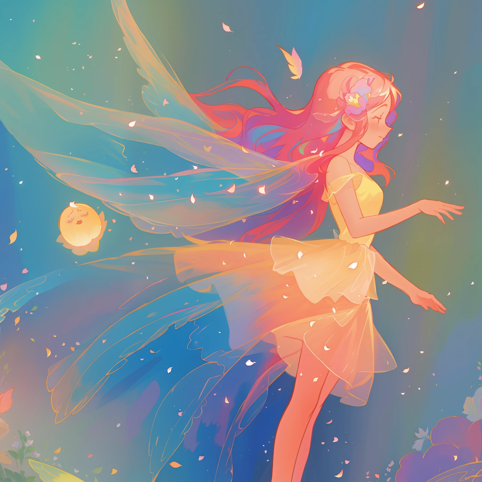 beautiful girl in tiered gradient ballgown dress, gradient colorful dress, ((layered flower petal skirt)), fairy dress, fairy queen, magical forest background, (glowing fairy wings), glowing flowing ballgown, long wavy hair, sparkling fairy wings, watercolor illustration, flowers and colorful plants, inspired by Glen Keane, inspired by Lois van Baarle, disney art style, by Lois van Baarle, glowing aura around her, by Glen Keane, jen bartel, glowing lights! digital painting, flowing glowing hair, glowing flowing hair, beautiful digital illustration, fantasia otherworldly landscape plants flowers, beautiful, masterpiece, best quality, anime disney style