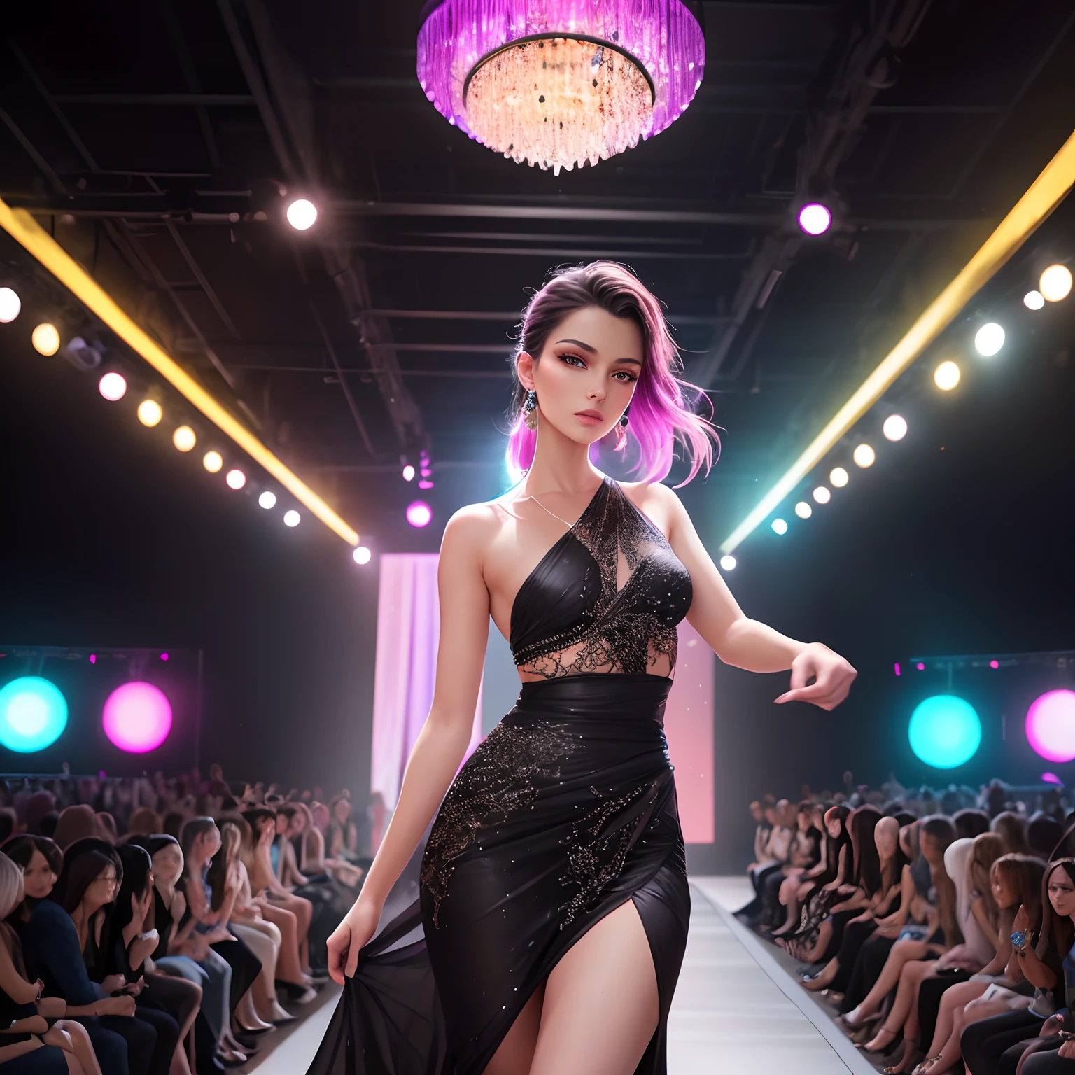 finest image, (8k, RAW photo, realistic), detailed and delicate depiction and flashy and dynamic painting method, Fashion with unique colors and unique designs, fashion show, Cool beauty fashion models, Fashion show venue and audience, Colorful lights dancing around