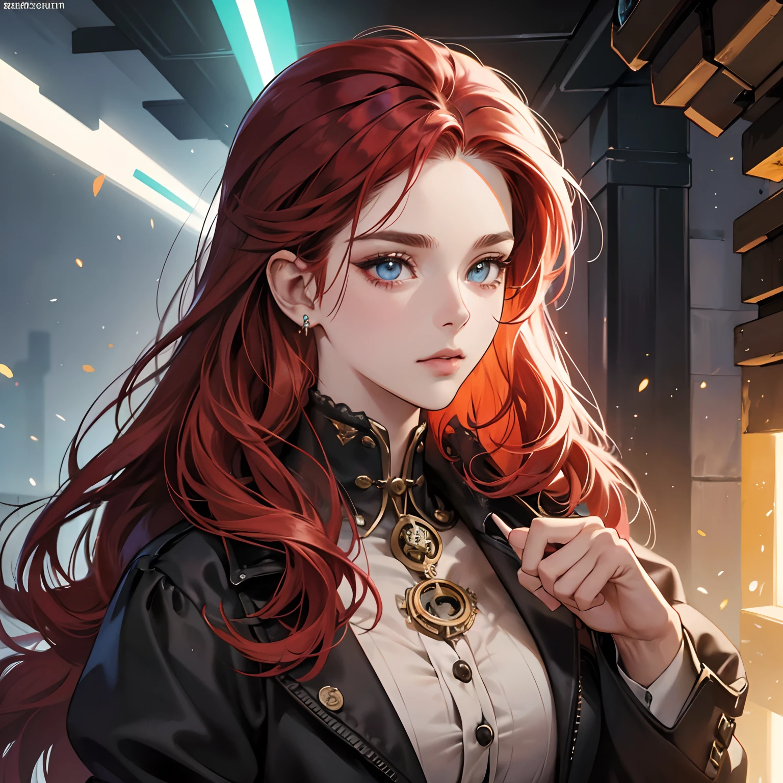 menina ruiva, Olhos vermelhos, marca semelhante a uma tatuagem na testa, roupa steampunk, close-up do rosto, Illustrations, alta qualidade, ultra-detalhado, vivid colors, Retrato, tons de cores quentes, soft lighting, long flowing red hair, goggles, espartilho de couro, Mechanical Accessories, Contexto industrial, intense expression