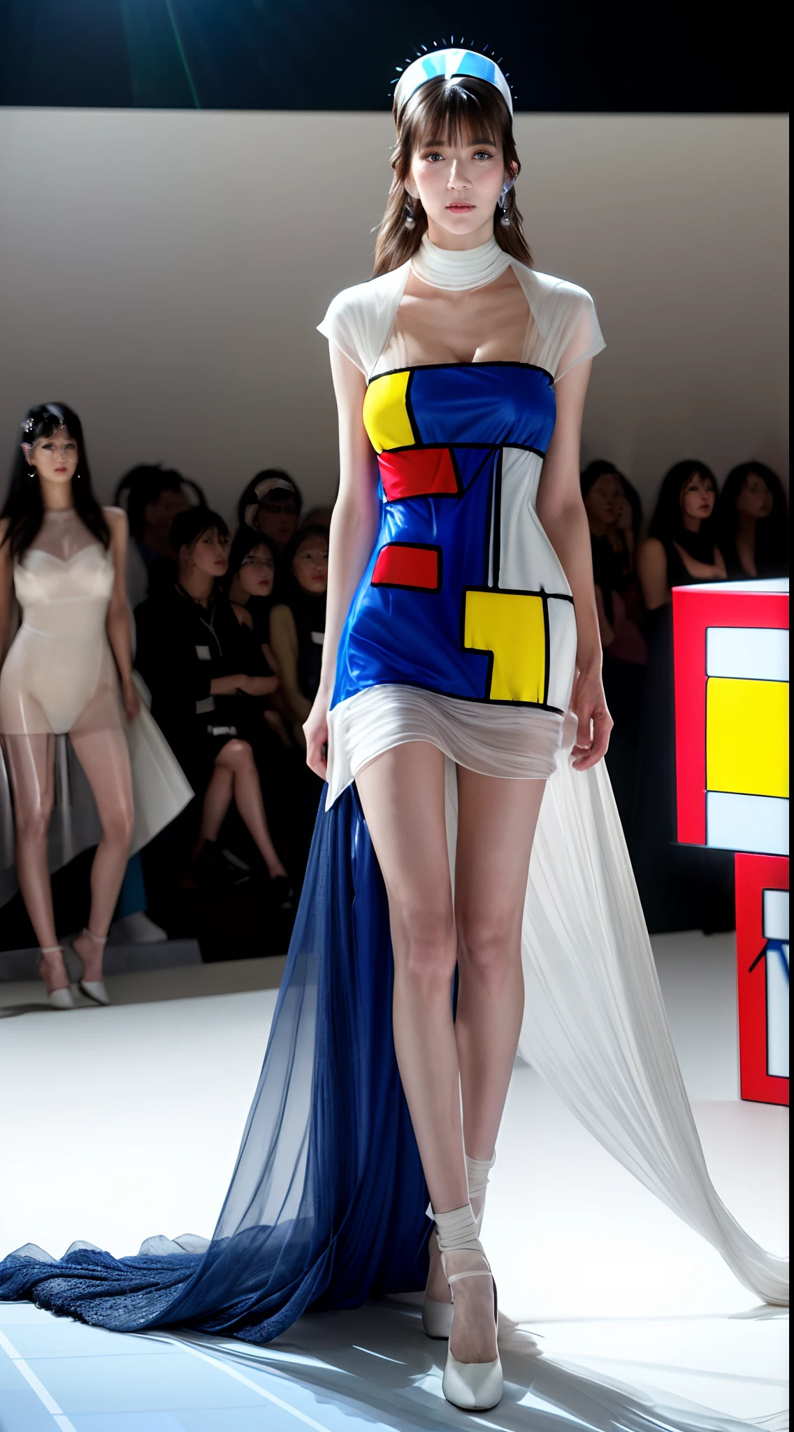 (best quality, masterpiece:1.2), (extremely intricate detail), extremely delicate and beautiful, beautiful and aesthetic, (cute, pretty), full body, (Contemporary, runway of fashion_show, Victoria's Secret Fashion Show:1.2), walking to runway, walking forward, fashion photography by Annie Leibovitz, very detailed evening make-up, elegant, expression lines, trendy haircut, headpiece made of Futuristic MONDRIAN DRESS BY YVES SAINT LAURENT, (futuristic MONDRIAN DRESS BY YVES SAINT LAURENT:1.7), details of the dress in high definition, 8k, real solar atmosphere, realistic, shot with hasselblad H6D 100c, l 24mm HCD,cinematic lights, light smile, (gigantic breast:1.2), mature_female, very long hair, (shiny skin, pale skin:1.2)