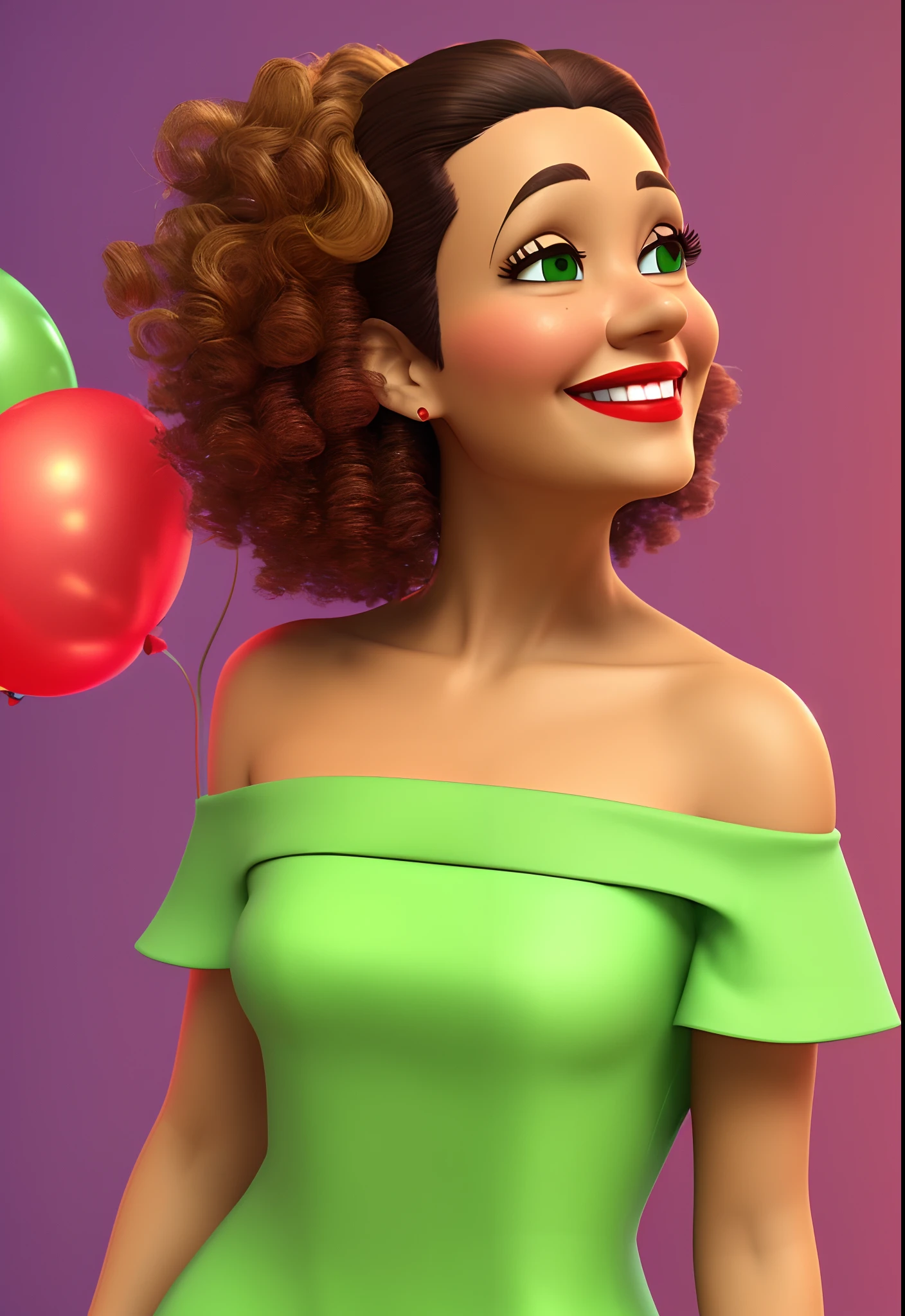 imagem 3d estilo Pixar. 39-year-old brown Brazilian woman with curly hair, medium length below the shoulders with highlights, medium brown eyes and round face, smiling and with strong red lipstick wearing off-the-shoulder blouse in fluorescent green color and on the arm thick gold bracelet celebrating her birthday