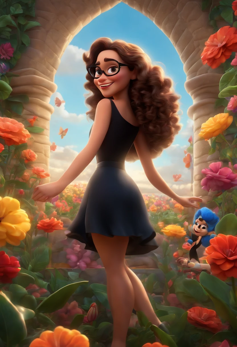 Pixar style image with 3D character white glasses brunette woman medium curly hair dancing, Maquiagem Disney,Pescador, bonitinho, sorridente ,Close-up, Pixar, Disney, Cinema lighting, Black dress sitting behind a flower mural