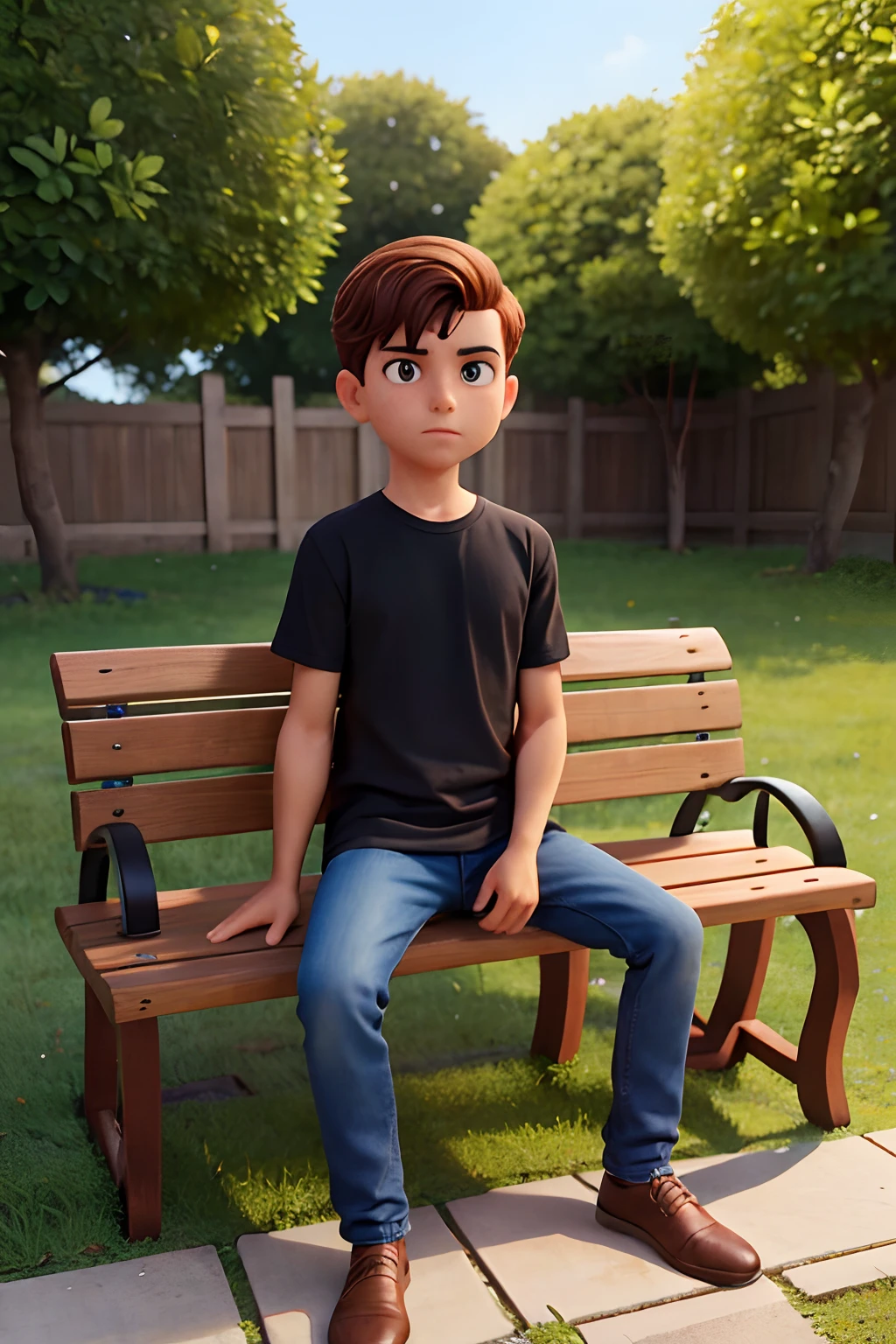 A imagem mostra um homem moreno e forte, careca e de cavanhaque sentado em um banco de madeira, which is located near a fence. O homem esta com uma boina italiana e segurando um violao, He is wearing a black shirt and appears to be looking at the camera. The bench is positioned in the middle of the scene, com a cerca estendendo-se para os lados esquerdo e direito da imagem. The boy's posture and the presence of the bench suggest that this could be a park or a similar outdoor environment.Gere essa imagem no estilo de anima