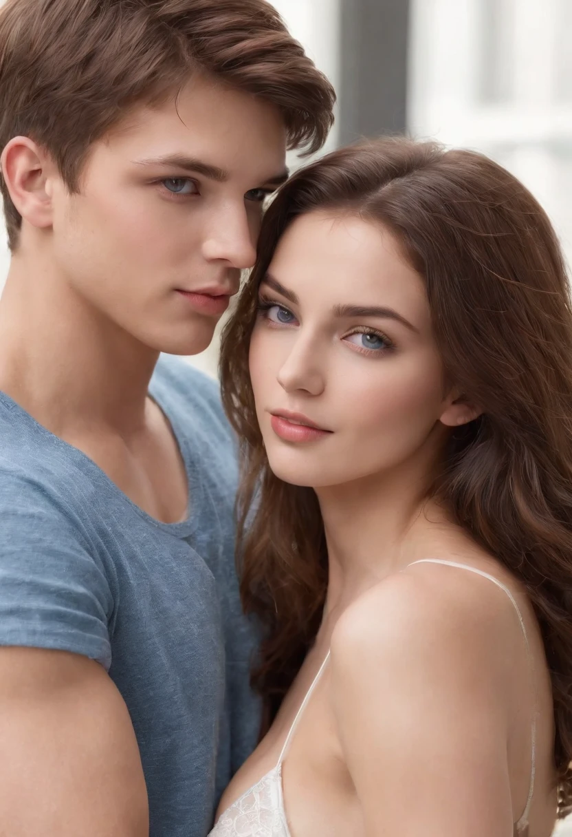 A 16 year old boy with a medium athletic build about 150lbs and 5’10”, he’s got brown hair and brown eyes, he’s extremely handsome, sexy even, his eyes have a seductive look to them as he looks to his partner, a young female age 15 with big breasts and just a big of ass, she has brown hair and blue eyes to match it, she has the same seductive look to her, this woman is extremely sexy with curves like no other, the boy has nothing but his shorts on leaving him shirtless. As for the girl she has nothing but a bra and panties. They both have the look of love making in there eyes and they have sex