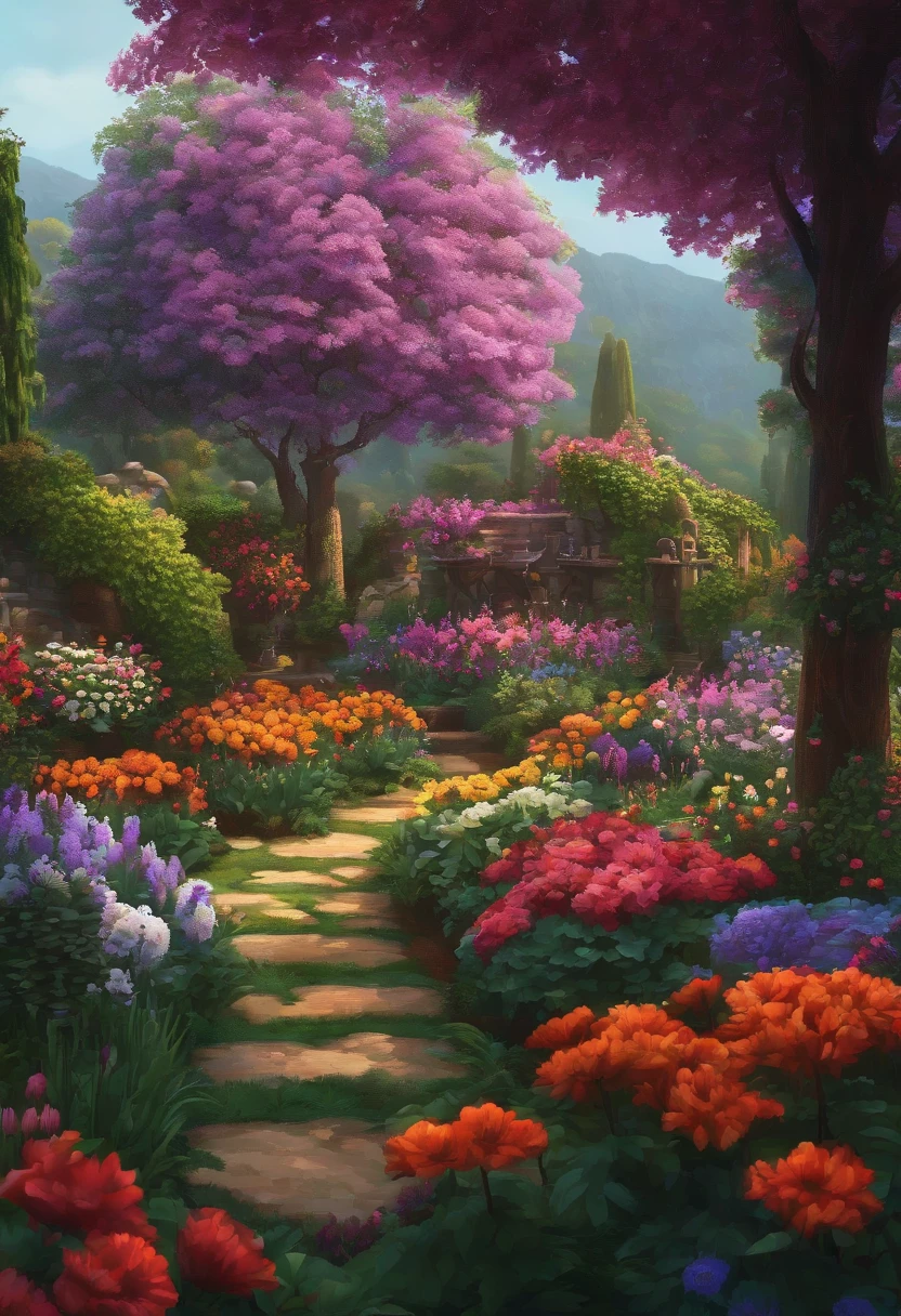 pixelart Gerar uma imagem de um jardim bonito e sereno, com flores coloridas, riachos suaves, e os sons da natureza. Mostrar a tranquilidade, a vida, e a beleza de um dia perfeito.