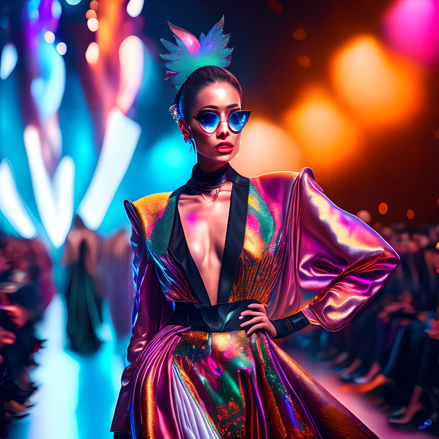 finest image, (8k, RAW photo, realistic), detailed and delicate depiction and flashy and dynamic painting method, Fashion with unique colors and unique designs, fashion show, Cool beauty fashion models, Fashion show venue and audience, Colorful lights dancing around