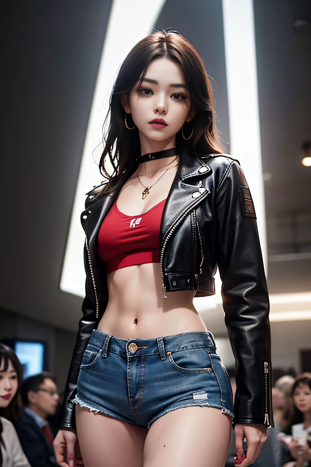 A beautiful model,Stand on the catwalk,The spotlight is all on her,Wear a trendy studded leather jacket and baggy jeans,Perfect facial features,Perfect and delicate face,Painted with heavy makeup,(((Masterpiece))),(((Best quality))),((Ultra-detailed)),perfect body figure,Correct body composition,pretty eyes,Wearing jewelry,With earrings,Cinematic lighting,Romantic atmosphere,𝓡𝓸𝓶𝓪𝓷𝓽𝓲𝓬,Colorful colors,hyper-high detail,超高分辨率,8K