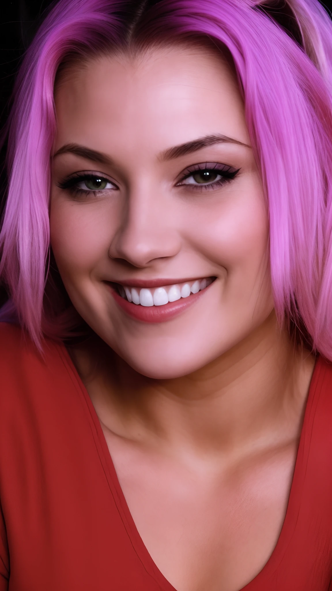 mulher sorridente com cabelo rosa e um top vermelho segurando uma banana, com cabelo rosa, foto de perfil headshot, close-up headshot, Tiro de glamour, tiradas no final dos anos 2000, taken in the early 2020s, imagem de perfil, Angie Glocka, cabelo rosa, taken in the late 2010s, cabelo rosa wispy