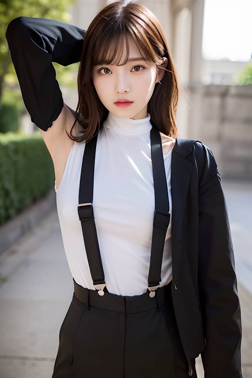 masterpiece、flat-colors、depth of fields、lens flare 1 girl、、Brown hair、watching at viewers black suspenders large full breasts Armpit sweat perspiring Side of both hands walls: Black pants, Black jacket holster Leg holster Gaze Small face bangss suits Cutter shirt