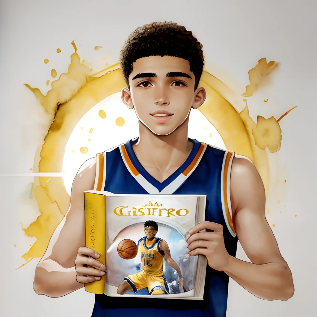 Arte em tons de aquarela, capa de livro, fundo amarelo, silueta de um garoto jovem jogador de basquete, sol iluminando a silhueta do garoto, pele um pouco escura