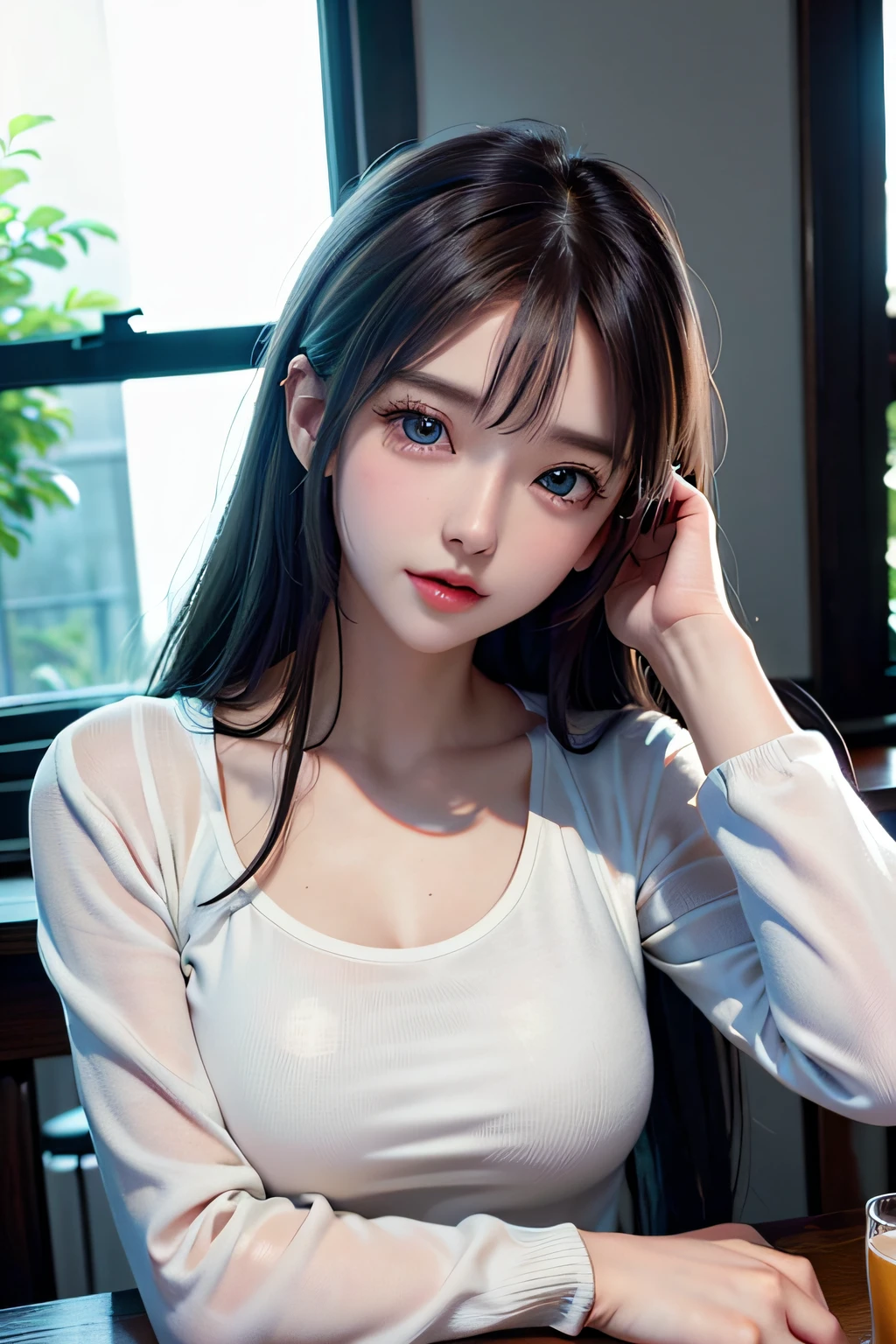 (8K、Raw photography、top-quality、​masterpiece:1.2)、(realisitic、Photorealsitic:1.37)、1 girl in、cute little、adolable、(blue eyess)、(Shy smile:0.4)、(独奏)、详细的脸、oval-face、Thin almond eyes、poneyTail、A slender、medium breasts⁩、jaket、White tee shirt、Dramatic Angle、tilt of the head、((Holding your head in your hands))、night lights、Neon light、Inside the pub、Sitting by the window、small head、(Facing the other side)、