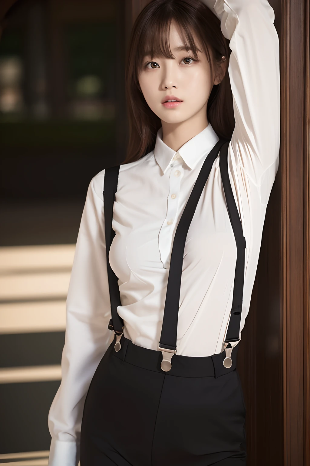 masterpiece、flat-colors、depth of fields、lens flare 1 girl、、Brown hair、watching at viewers black suspenders large full breasts Armpit sweat perspiring Side of both hands walls: Black pants, Black jacket holster Leg holster Gaze Small face bangss suits Cutter shirt