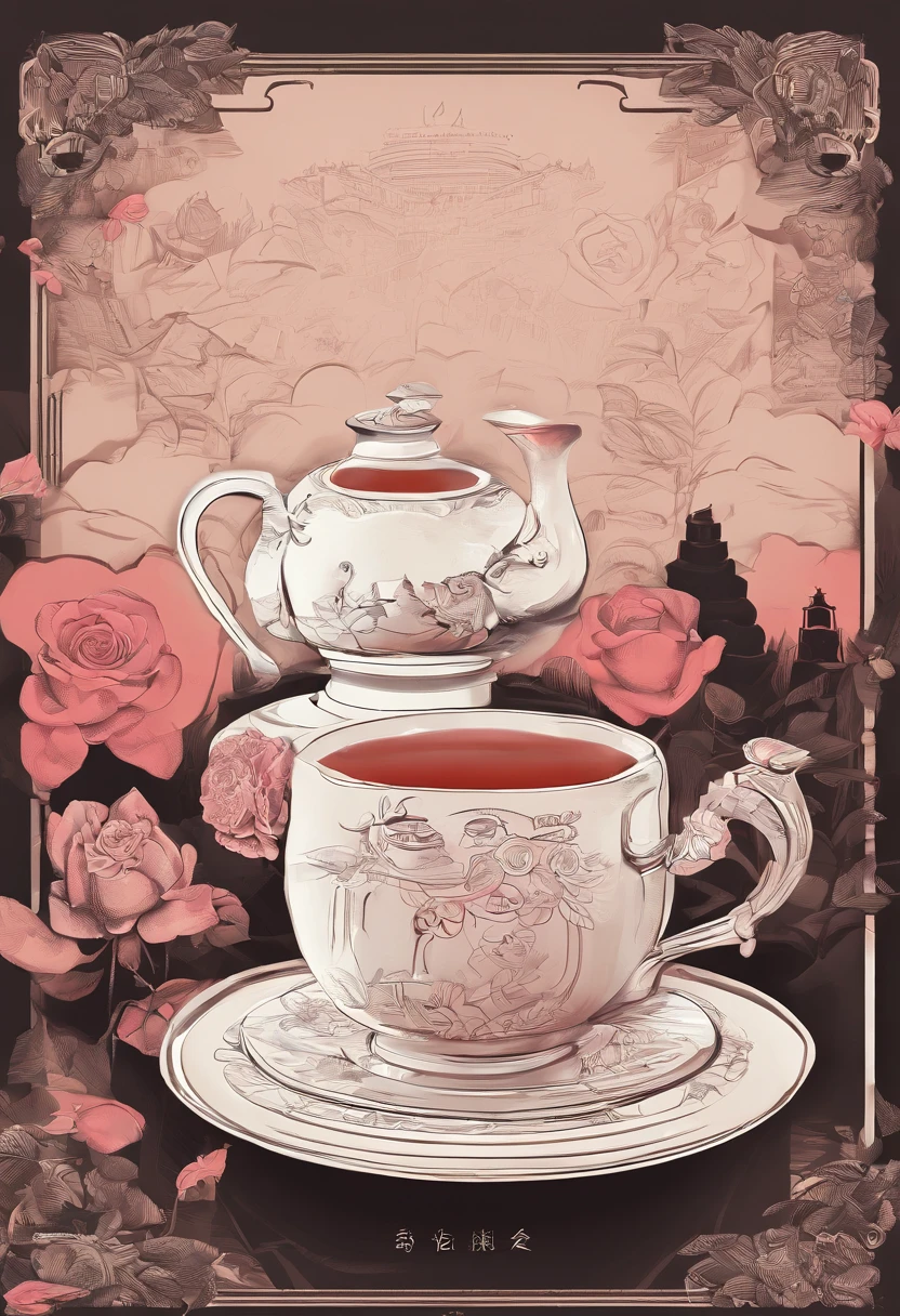 Create an ad，The theme is rose black tea roasted milk，Clay pots，Fired，Choose stickman style