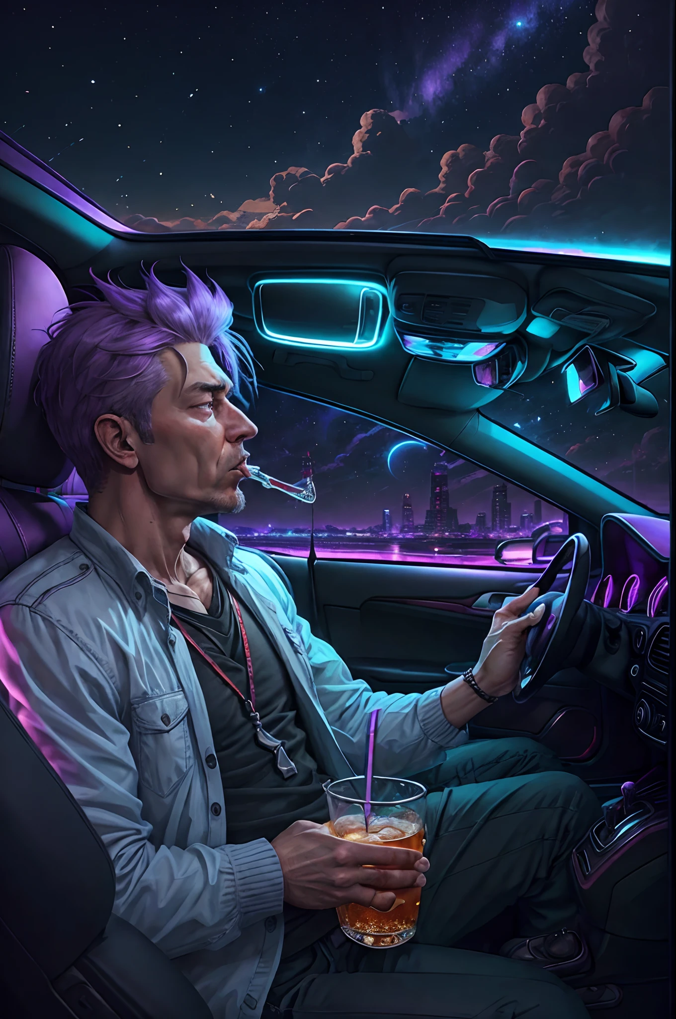 Hyper realistic trump drinking lean in a car and the sky is filled with purple lighting