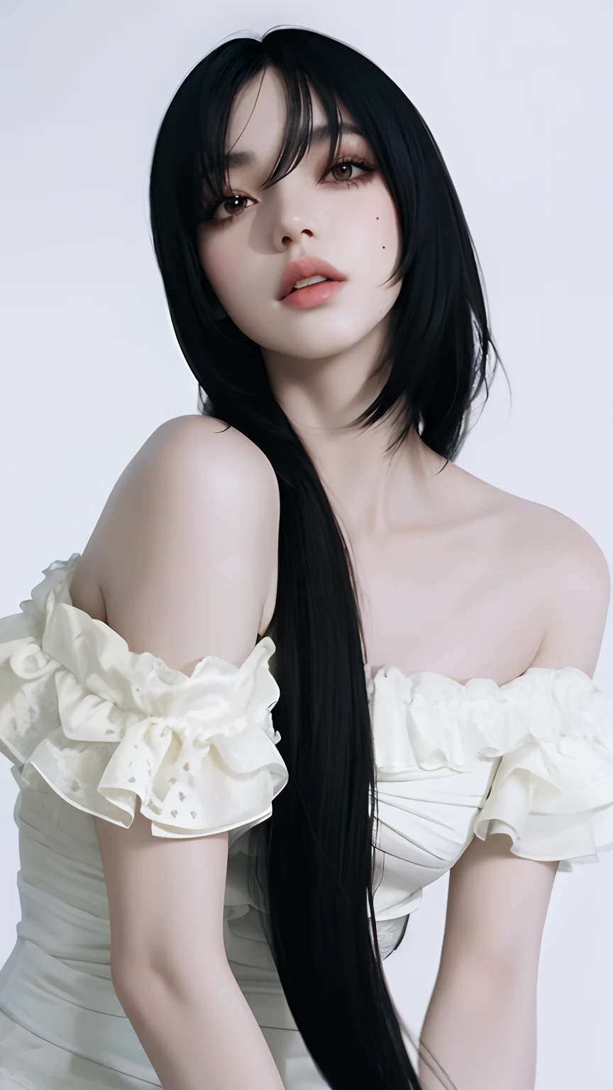 Mujer arafed con el pelo largo y negro en un vestido blanco, Sui Ishida con cabello negro, con cabello negro, cabello negro largo y delgado, con cabello largo y negro, Ella tiene el pelo negro con flequillo, Ella tiene el pelo negro, Cabello largo y negro con flequillo, Chica con cabello negro, lalisa manoban, Peinado blanco de corte hime, cabello negro y flequillo blanco