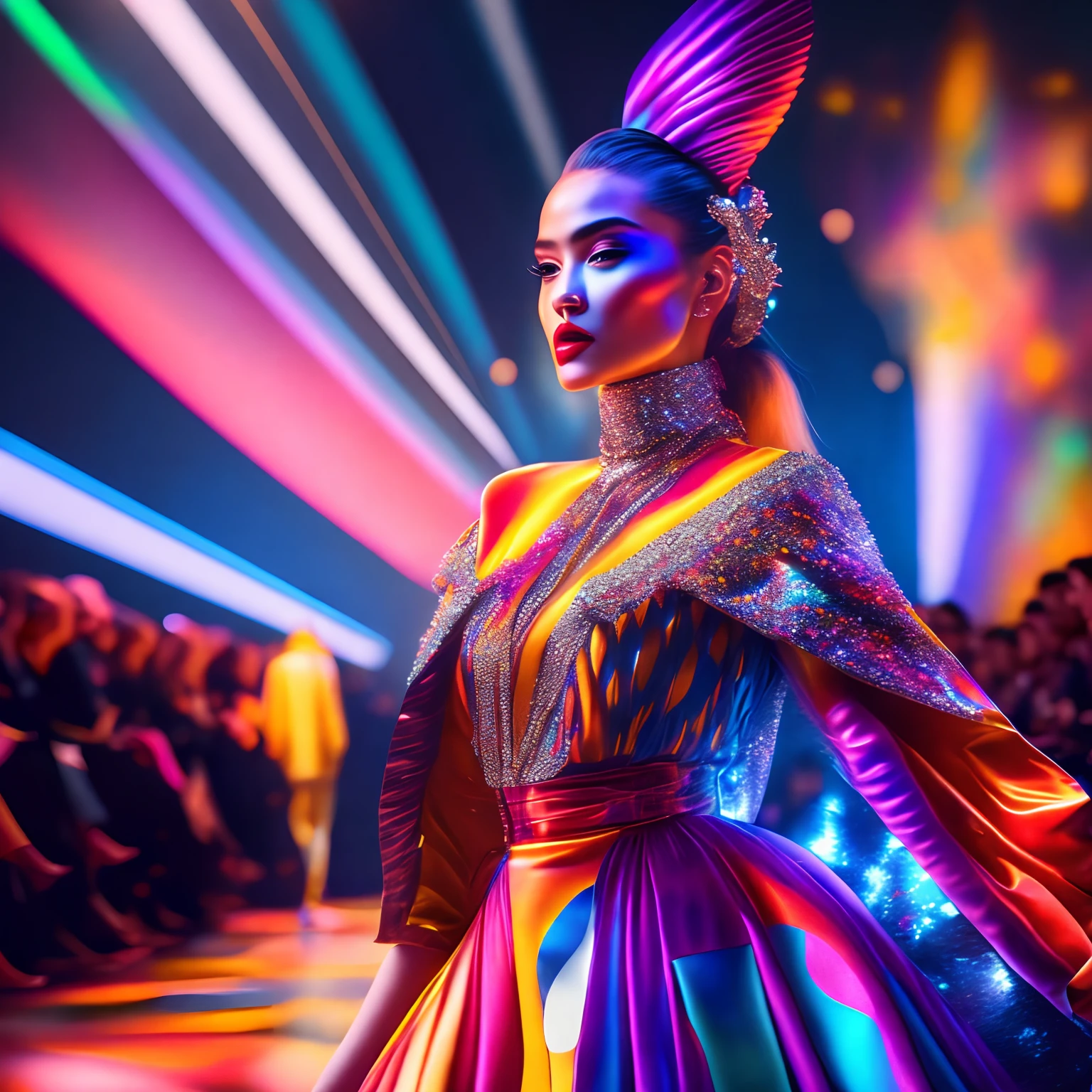 finest image, (8k, RAW photo, realistic), detailed and delicate depiction and flashy and dynamic painting method, Fashion with unique colors and unique designs, fashion show, Fashion show venue and audience, Colorful lights dancing around