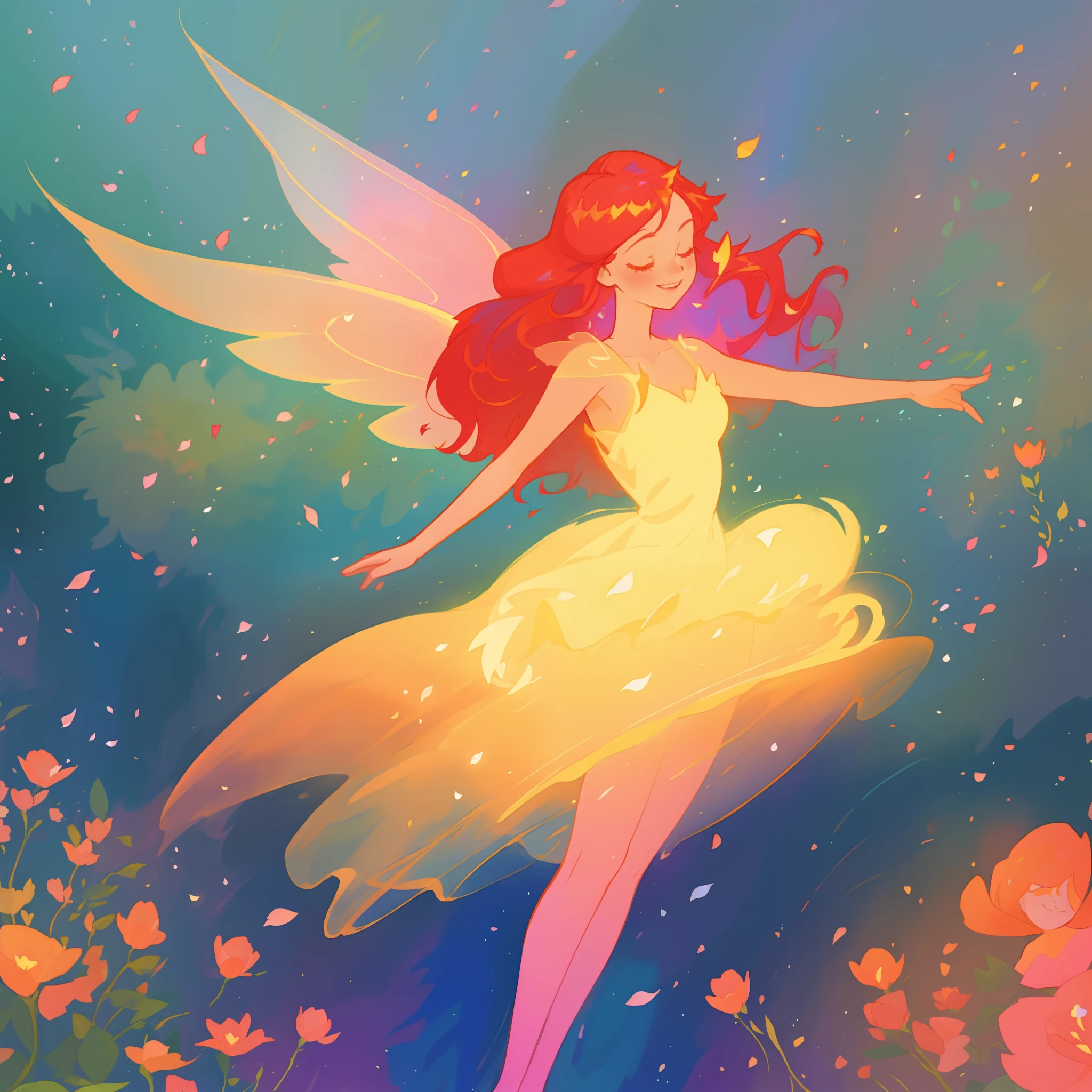 beautiful girl in golden puffy flowing dress, ((layered flower petal skirt)), fairy dress, fairy queen, colorful magical forest background, (glowing fairy wings), glowing flowing ballgown, long wavy red hair, sparkling fairy wings, watercolor illustration, flowers and colorful plants, inspired by Glen Keane, inspired by Lois van Baarle, disney art style, by Lois van Baarle, glowing aura around her, by Glen Keane, jen bartel, glowing lights! digital painting, flowing glowing hair, glowing flowing hair, beautiful digital illustration, fantasia otherworldly landscape plants flowers, beautiful, masterpiece, best quality, anime disney style