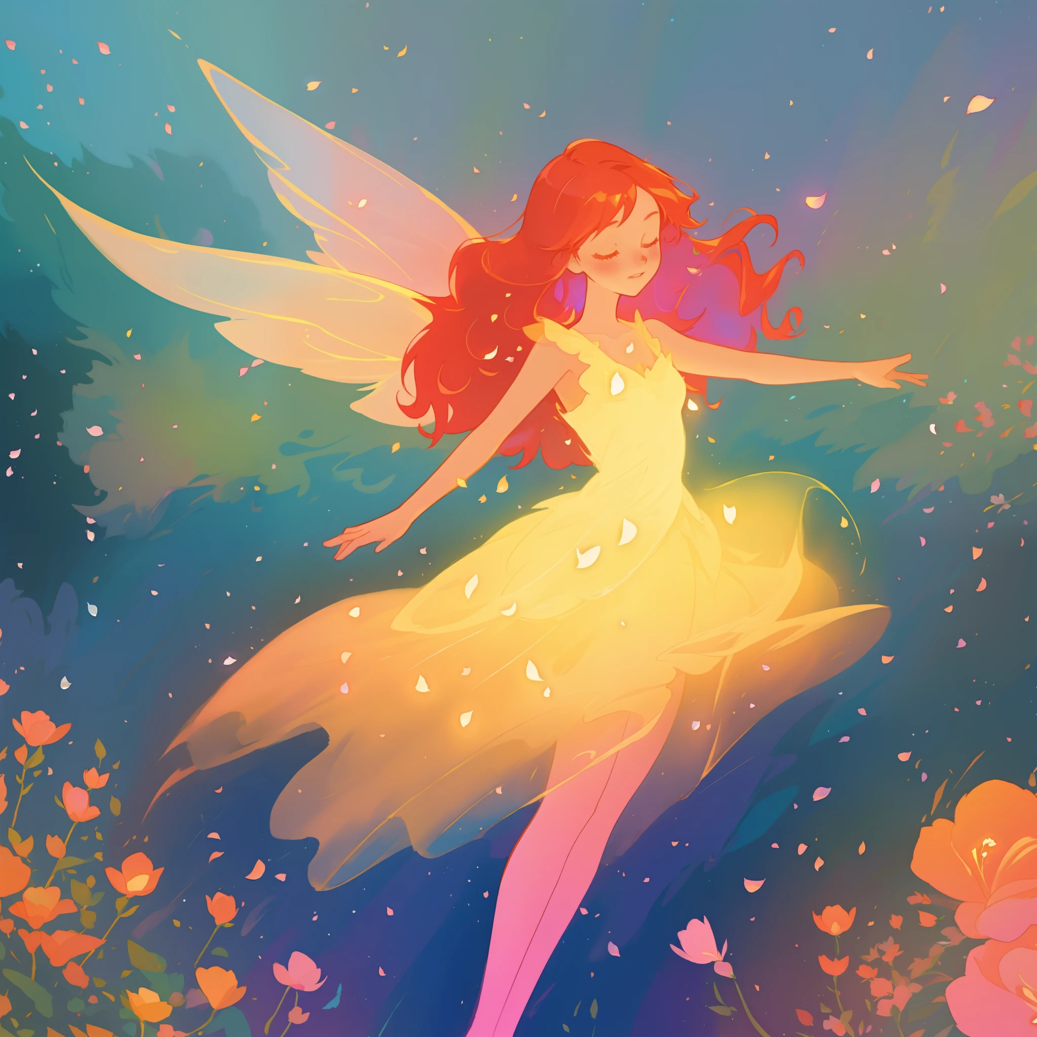 beautiful girl in golden puffy flowing dress, ((layered flower petal skirt)), fairy dress, fairy queen, colorful magical forest background, (glowing fairy wings), glowing flowing ballgown, long wavy red hair, sparkling fairy wings, watercolor illustration, flowers and colorful plants, inspired by Glen Keane, inspired by Lois van Baarle, disney art style, by Lois van Baarle, glowing aura around her, by Glen Keane, jen bartel, glowing lights! digital painting, flowing glowing hair, glowing flowing hair, beautiful digital illustration, fantasia otherworldly landscape plants flowers, beautiful, masterpiece, best quality, anime disney style