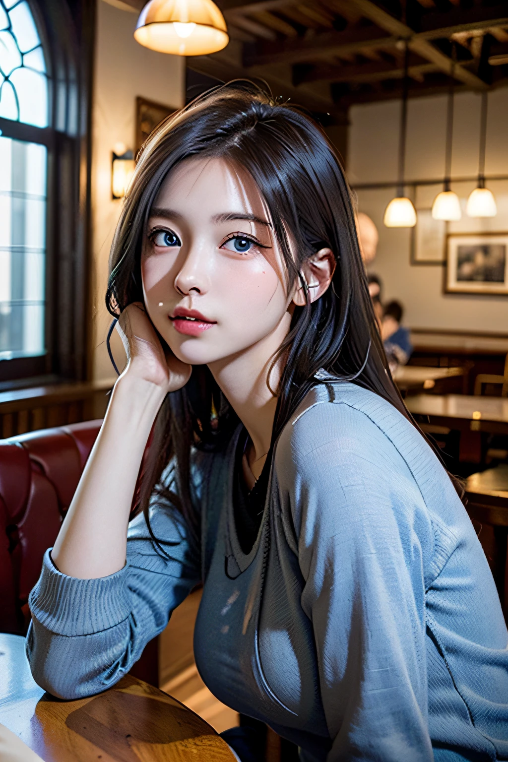 (8K、Raw photography、top-quality、​masterpiece:1.2)、(realisitic、Photorealsitic:1.37)、1 girl in、cute little、adolable、(blue eyess)、(Shy smile:0.4)、(独奏)、详细的脸、oval-face、(Narrow-eyed:1.4)、poneyTail、A slender、medium breasts⁩、jaket、White tee shirt、Dramatic Angle、tilt of the head、((Holding your head in your hands))、night lights、Neon light、Inside the pub、Sitting by the window、small head、(Facing the other side)、