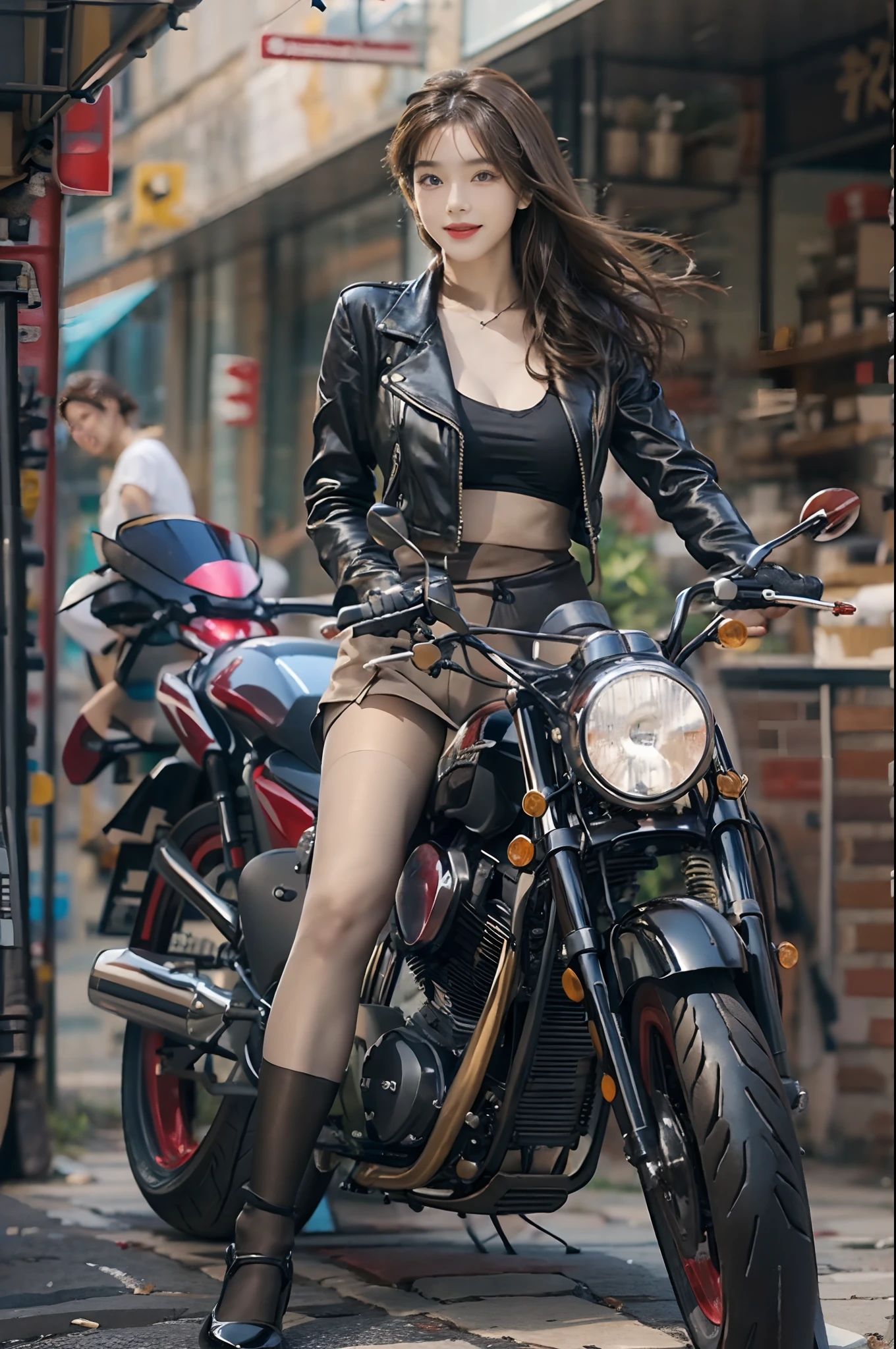((top-quality、8K、masterpiece:1.3))、foco nítido:1.2、(realisitic、Photorealsitic:1.37)、((beautiful smiling face))、Viewer's POV、Feet to the viewer、Feet in front of the audience、((Brown pantyhose:1.3))、Beautiful Face Woman、32years old、pointed chest、NSFW、long eyeslashes、Colorcon、Big 、delicated、Very detailed eyes、Highly detailed eyebrows、(Sharp Eyebrows)、(Thin eyebrows)、very vey very detailed face、((Brunette short disheveled hair)),Erect ,Clothed、thong、 frombelow、Stone floor、Detailed background(8K、masterpiece、top-quality、Raw foto) 、Black bodysuit、Beautiful woman,Straddling a motorcycle,Suzuki Savage 650,Streetside Cafe,Long legs、(((Large Motorcycles)))、leather jackets