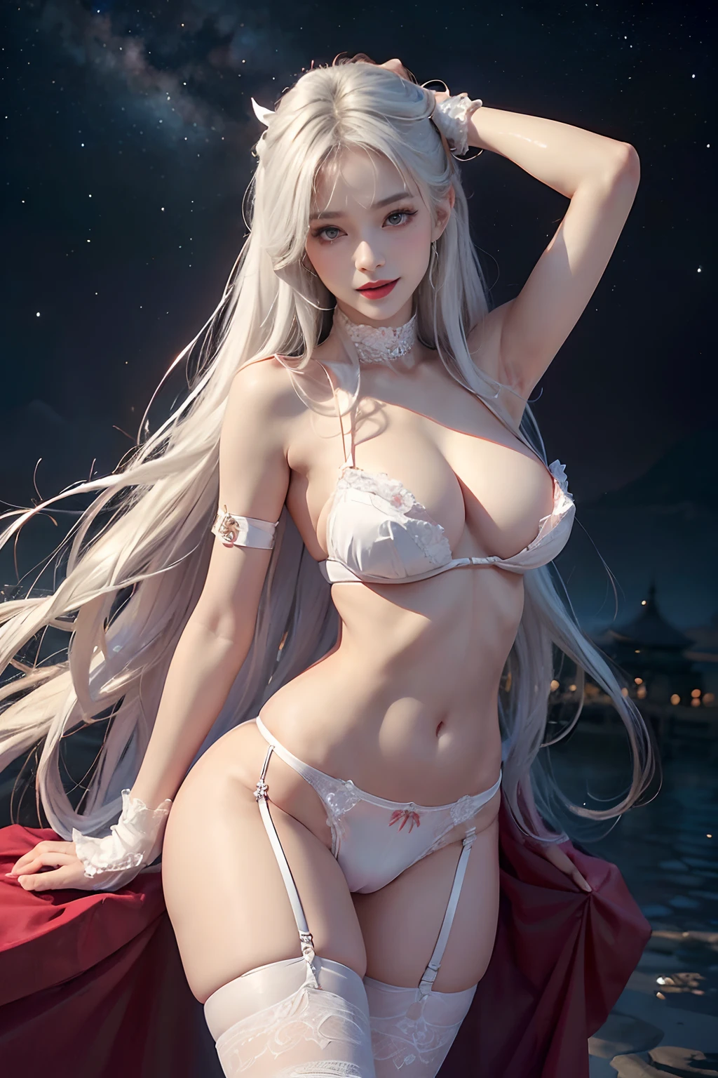 (tmasterpiece:1.4)、(top-quality:1.4)、(reallistic:1.5)、By Luis Royo、Surreal portrait of a beautiful girl、Super beautiful girl、((1girl in))、Shiny natural skin texture、(Two arms:1.4、Two legs:1.4)、(perfect anatomia:1.4)、(Perfect female body:1.4)、Portrait photo of a girl、Close-up photos、Full body shooting、((Lady in the palace))、(super detail)、(of the highest quality:1.4)、(Realistic)、 Super beautiful girl、(Professional Writing)、Shiny natural skin texture、(Full body photo)、Fantasy Art、Soft front light、Beautiful expression、Kawaii face、large full breasts、Large Full Breasted:1.3、Beautiful buttocks、Fine eyes、Clear and eye-catching、beautiful and alluring、beautidful eyes、big breasts thin waist、Raw photo、Red lips、(White hair)、(lingerie)、(sexyposture)、(the milky way in the sky)、(T-back panties)、((Black garters and garter belts))、(A smile)、((Vaginal orchids))、((erection))