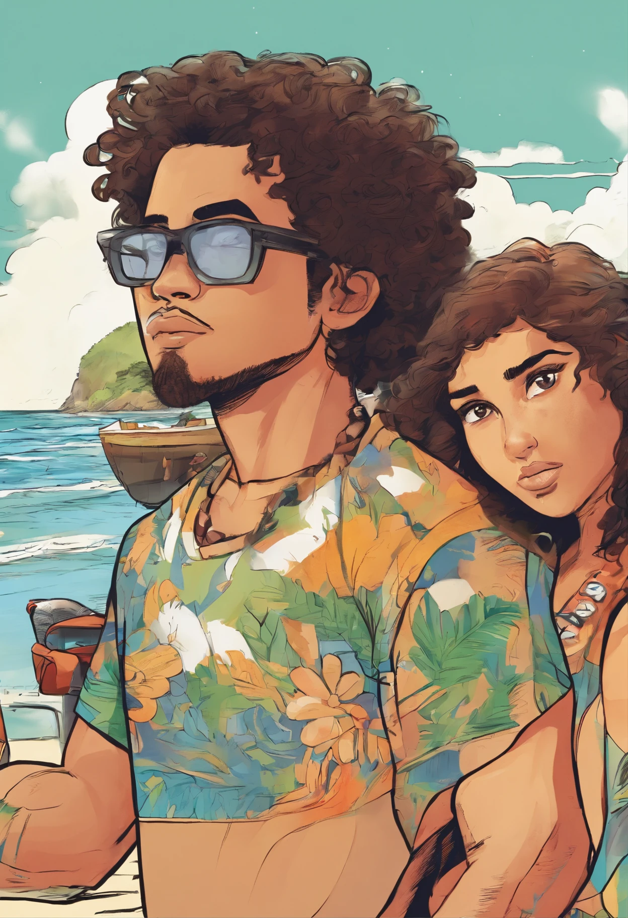 One family, a man wearing glasses, uma mulher de cabelo curto e um adolescente homem, all are on the beach in Fernando de Noronha