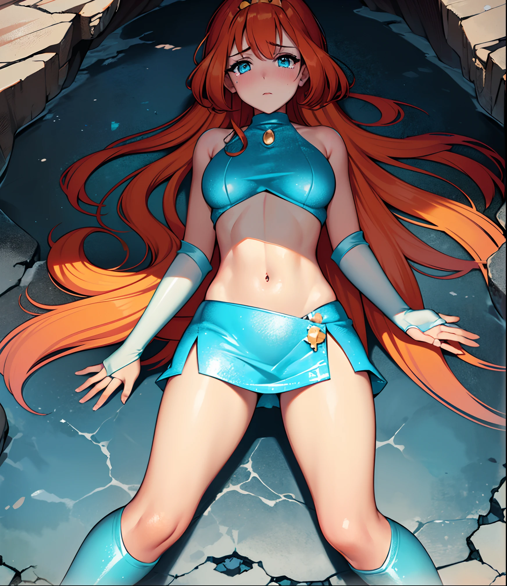 Bloom has passed out from a severe beating by a large troll monster, collapsing into a heap on the dark and jagged cave ground. The monster has caused large scratches on her body and tears in her clothes; Bloom lies helplessly torpid and inert unable to defend herself from the future assault. (Bloom) (orange hair, cyan blue eyes, bangs, long sliced hair, frail weak body, dainty arms, slender legs, beaten and thrashed, skin cut up, visible wounds) (Fairy Outfit) (ripped blue croptop, well-endowed chest, sleeveless, mini blue skirt with tears, exposed midriff & bellybutton, sparkling clothing, wings, tiara), good hands, perfect hands:1, (Bloom torpid and defeated in a large crack:1.3), (ripped off and messy long orange hair and bangs:1.2), (detailed scratched face and skin:1.1), (small scratches all over Bloom's skin:1.1), (dark monochrome lightning, brown & gray cave floor, red stains, spikes everywhere:1.2), (Bloom is lieing on her back, crumpled and torpid in large crack in cave floor:1.5), (anime style: 1.1), (full-body-shot:1), (Cowboy-shot:1.2), (Close-up on Bloom:1), (dynamic crumpled & torpid pose:1.9), (giant monster hand about to grab Bloom-1), (solo, one person, 1girl:1.5),