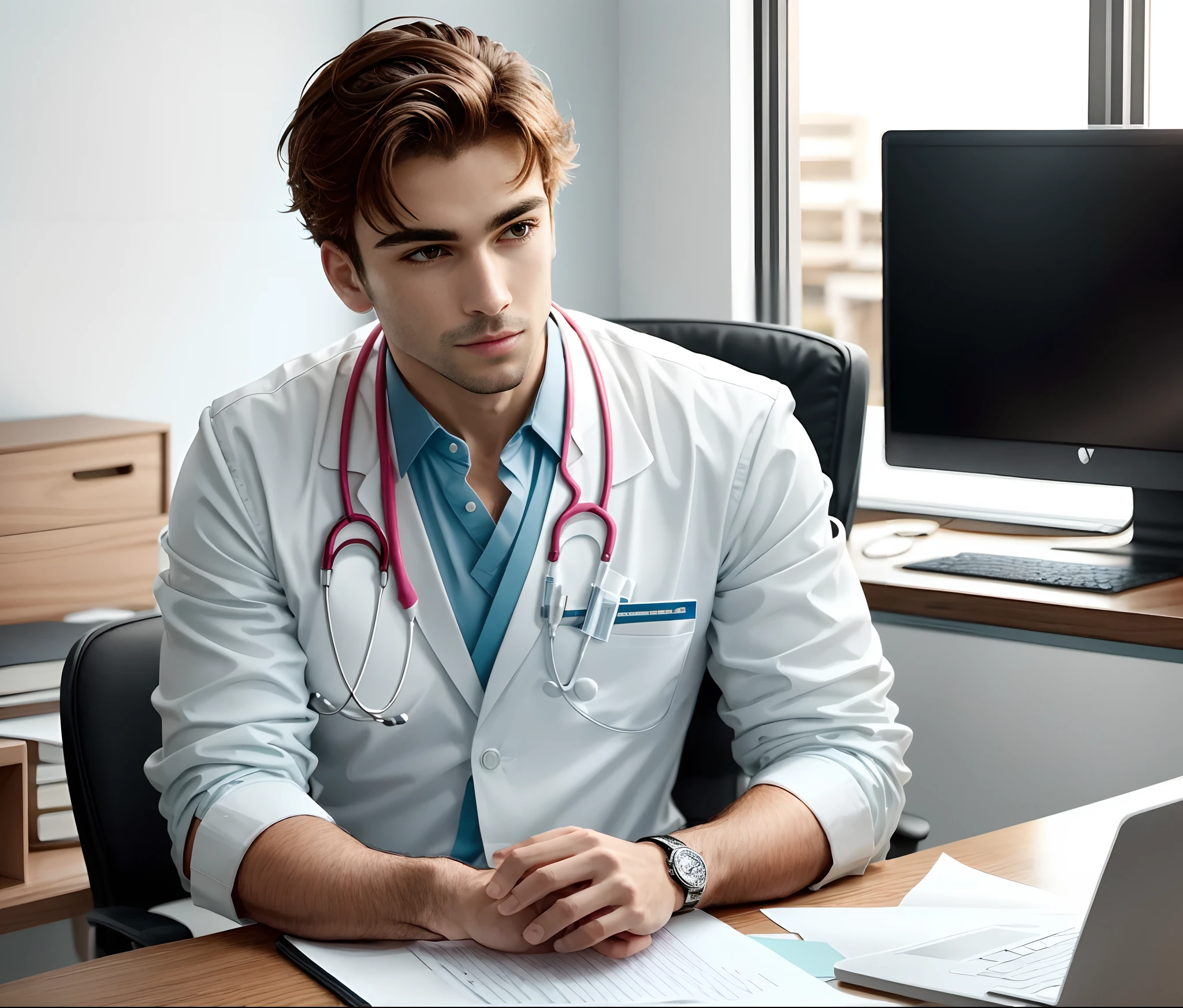 Homem de terno branco e gravata sentado em uma mesa, foto de um homem, sitting at desk, wearing a medical suit, foto corporativa, homem bonito, retrato profissional hd, wearing white doctors suit, sentado em uma mesa, uma foto de um homem, bonito e atraente, foto de perfil profissional, homem atraente, sitting behind desk