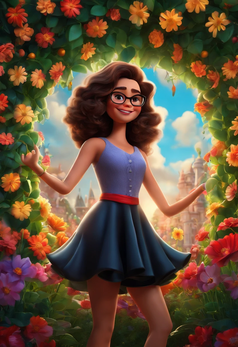 Pixar style image with 3D character white glasses brunette woman half curly hair dancing, Maquiagem Disney, sorridente ,Close-up, Pixar, Disney, Cinema Lighting Black Ribbed Dress, batom Rosinha, Sitting behind a flower mural