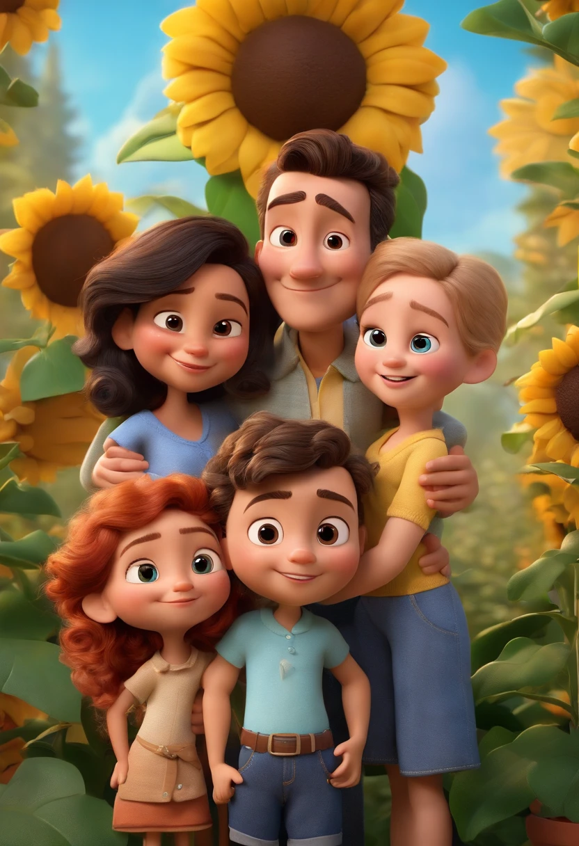 Create a Disney PIXAR-style 3D poster. ((centro da imagem, Triplets)), ((3 children)) ((1 menino no meio e 2 meninas ao lado, They're hugging each other, O menino tem pele castanha e cabelos castanhos escuros e olhos castanhos escuros, 1 menina tem pele clara, olhos e cabelos escuros e cacheados, e a outra menina tem pele morena, olhos escuros e cabelos escuros e lisos)) ((tudo isso no estilo Disney PIXAR 3D, In the background, A house of sunflowers, Gloria Studio, The garden is full of nature 3D render RTX clay material, estilo de design cartunesco, POP Mart, soft lighting, linhas suaves, Spring tilt, Detailed illustrations of PIXAR 3D, Detalhes hiper-realistas, cor quente no estilo Disney PIXAR 3D))