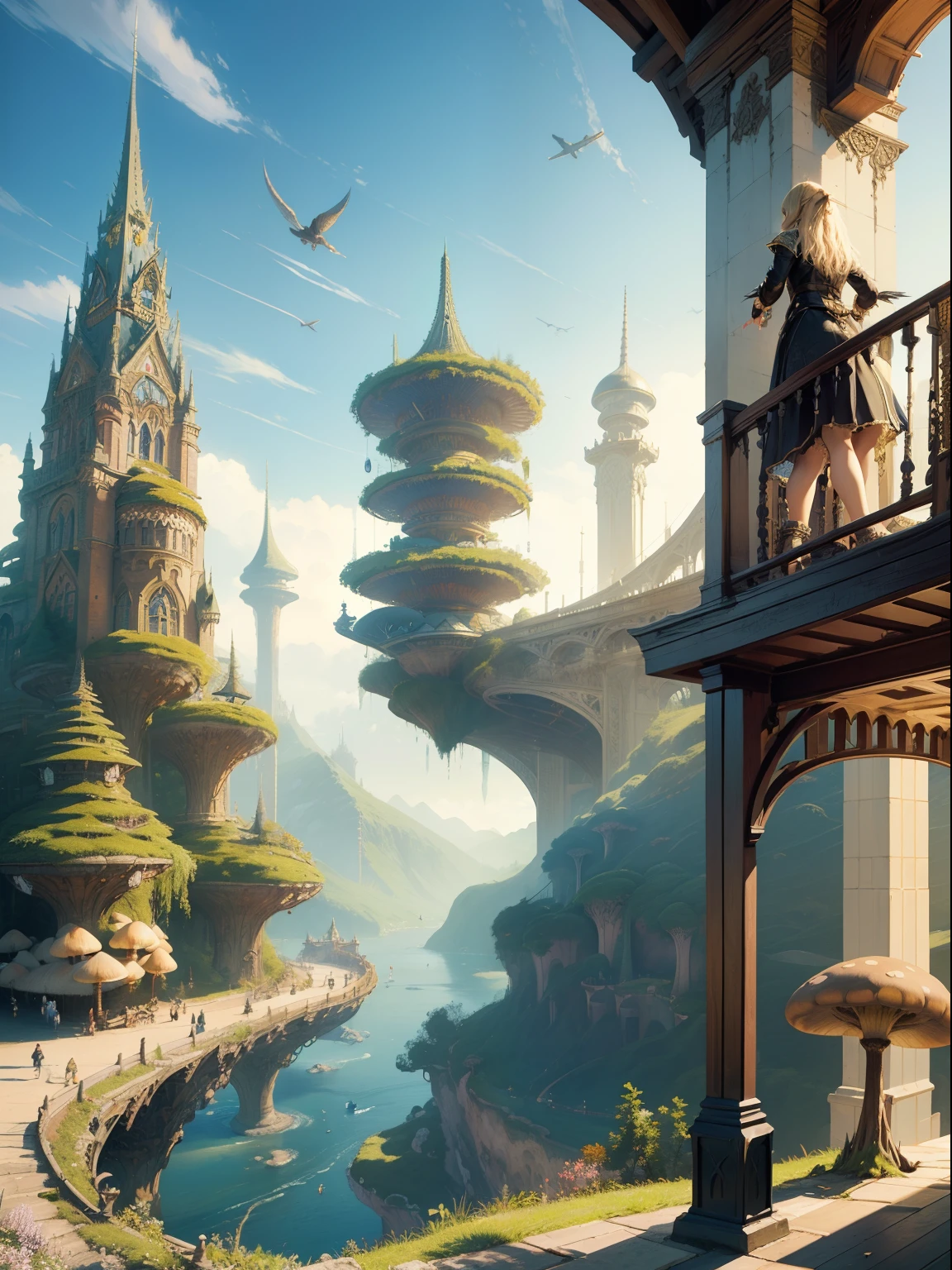 (Masterpiece:1.2), Extremely intricate details, ff14style, Dynamic painting, Depict a bustling city，A majestic bridge spans a wide river, Surrounded by towering giant mushrooms. The vast landscape bursts with bright colors