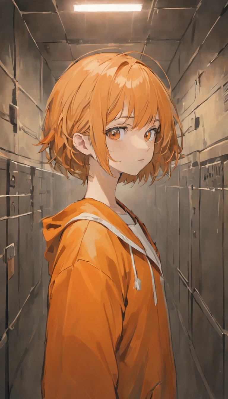 ((realismo)), extremely high quality RAW photograph, Antecedentes detalhados, intrincado, messy hair, Detalhes e texturas requintados, altamente detalhado, Foto de (Allison Mack) in a prison cell, (wearing orange prison clothes:1.3), Looking away from the camera, fotografia ultra detalhada, warm lighting, art-station, 4k, foco nítido, high resolution, pele detalhada, Olhos detalhados, 8k UHD, DSLR, harsh low lighting, alta qualidade, filmic grain, Fujifilm XT3, triste:1.3