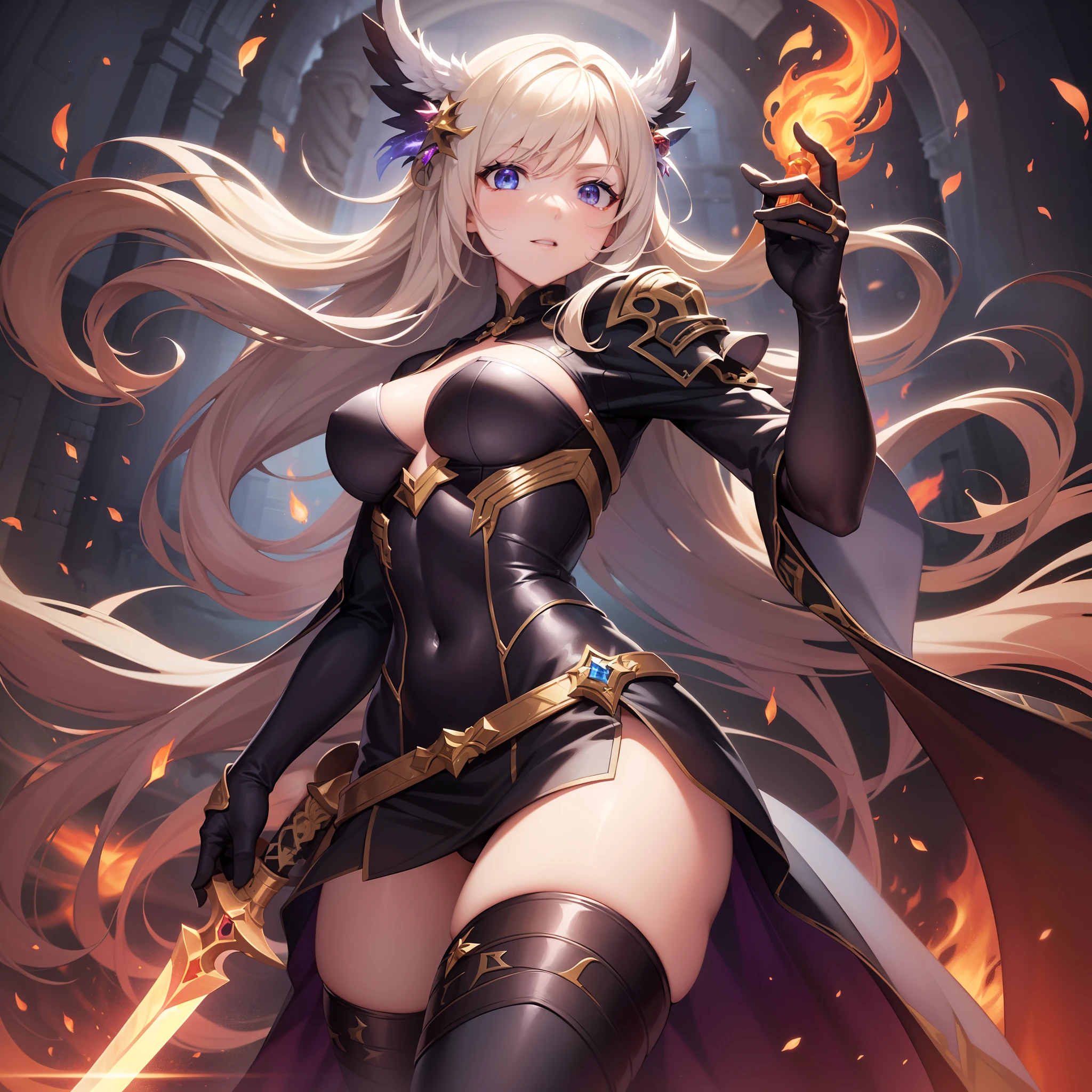 ((Finest quality)),(超A high resolution),(ultra-detailliert),((Best Anime)),sharpnes,clear,Fantasy art with astounding depictions,Flame emitted:1.5,Shattering Stars々:1.3 Dynamic Poses:1.1, (Female Swordsman),(Glowing Great Sword with Flames:1.3), thighs thighs thighs thighs
