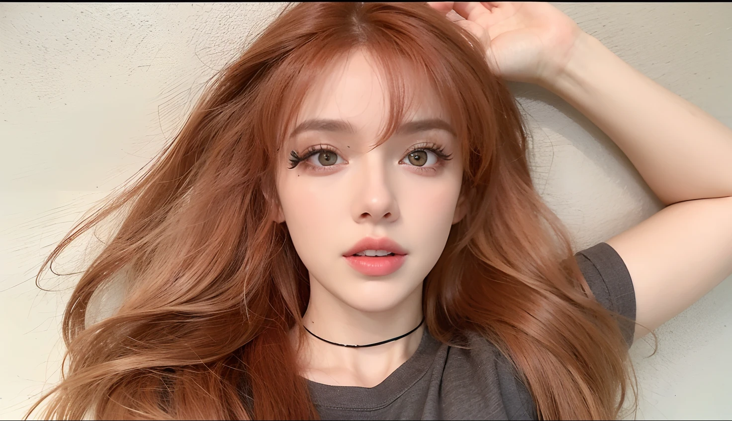 Mujer de pelo largo y pelirrojo y camisa gris, better known as amouranth, Amouranth, joven hermosa Amouranth, Cara sexy con maquillaje completo, with pale skin, Hermosa Delphine, El rostro de absurdamente bello, Chica de anime en la vida real, con cabello rojo y ojos verdes, she has long orange brown hair
