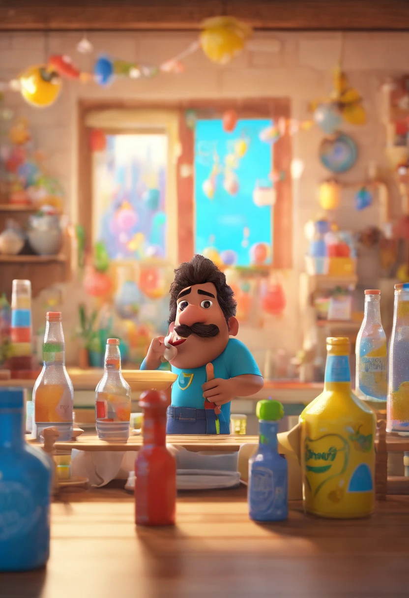 Um post de filme inspirado na Disney Pixar. A cena deve ser no estilo de arte digital distinto da Pixar, with a focus on character expressions, Vibrating Colors, and detailed textures that are characteristic of this animation.
Trata-se de um brasileiro de 31 anos. com barba e camisa preta, com uma barba pequena e estreita, Rounded head, pele branca, pouco arafed e brasileiro, olhos pesados para o lado, tecer cabelos curtos para o lado esquerdo. Surrounded by large bottles of water