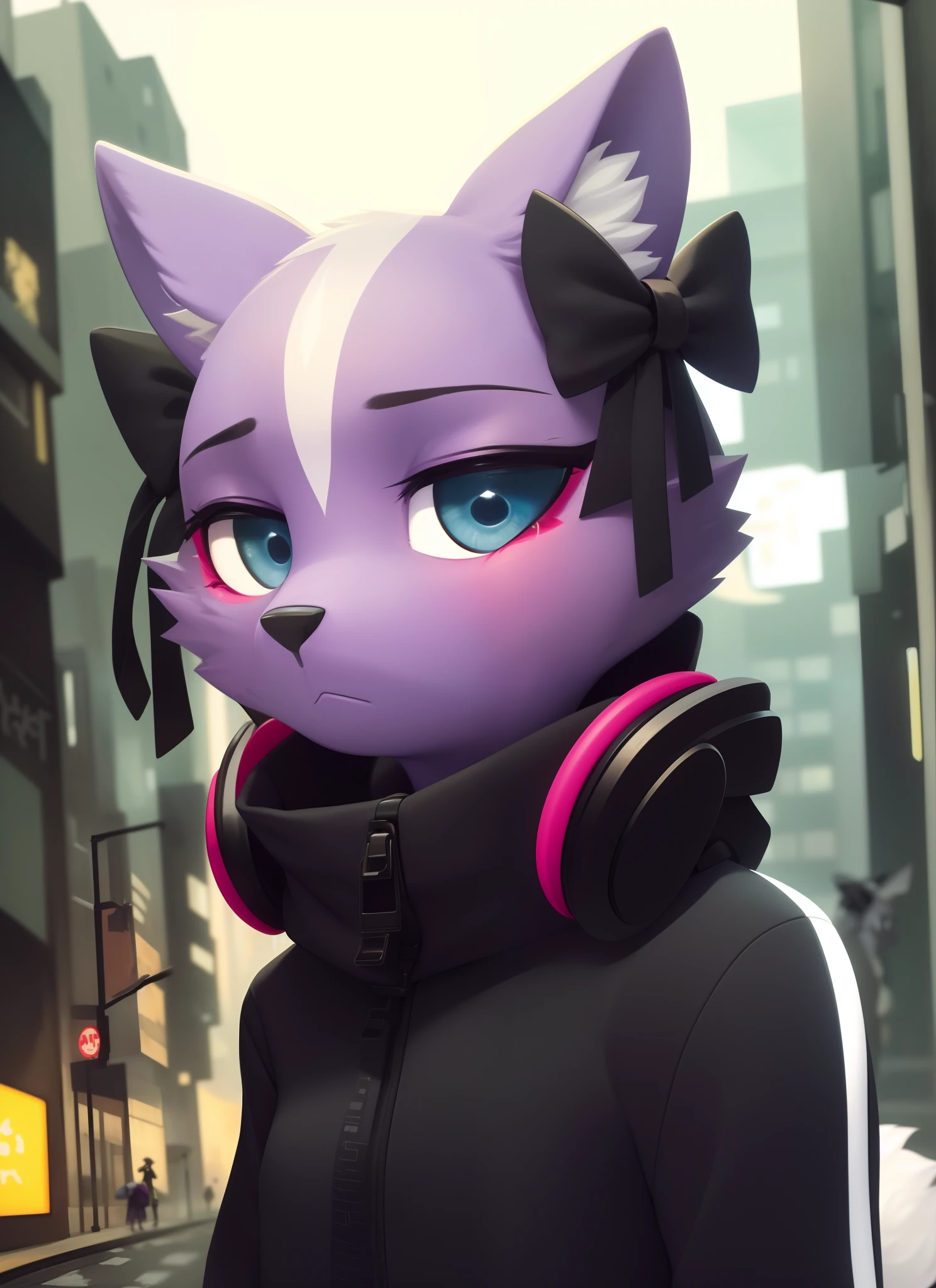 shikabane, furry female anthro, skunk girl, purple fur, portrait, close-up,  track jacket, headphones, solo, (body fur:1.2), (best quality), (detailed urban background:1.2), dramatic lighting, (detailed fluffy fur:1.1), looking at viewer,  closed mouth, toony, flat color, ear bow ribbon, skull face pain,tears,rain,calavera face pain,