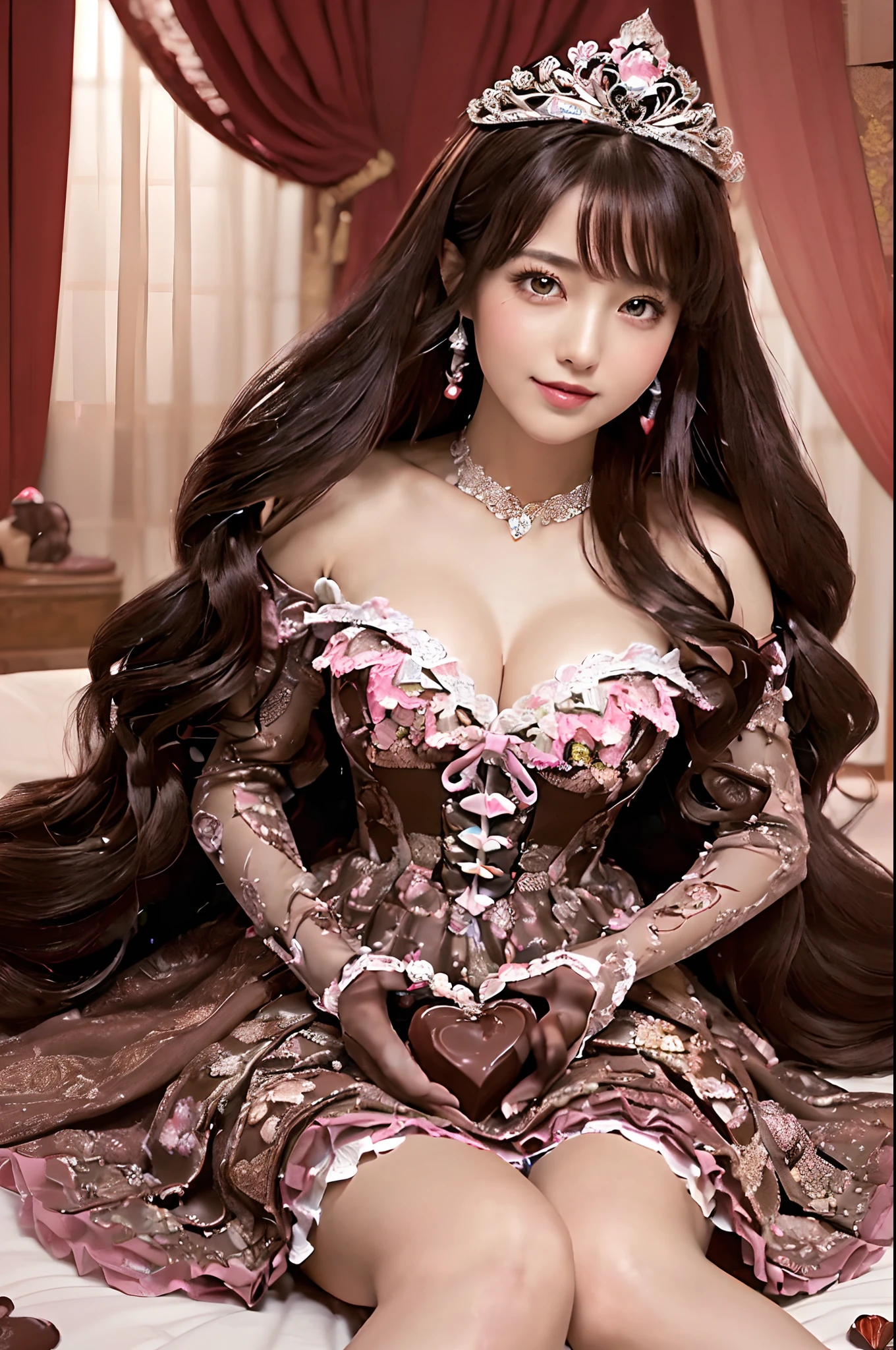 (((One Princess,Japan Princess,princess sitting on bed,More about the princess,Get closer to the princess,Get up close and personal with the princess,The perfect body of a princess,Lots of big heart chocolates,Everything is made of chocolate,Chocolate in the heart))),((((Fairytale Valentine's Day,Chocolate Curtains,Shot from close to the princess,Detailed princess face,Fairy tale Valentine's Princess,Valentine's Day Design Dresses,Chocolate Decoration,Artistic decoration of chocolate,The Art of Chocolate,Chocolate Decoration,The whole thing has a Valentine's Day vibe,Chocolate bed like a fairy tale,Everything in the room is chocolate,Chocolate Canopy Bed,Fairy tale canopy bed,Pink and chocolate canopy bed,Precise canopy,Giant bed with a roof,A room made of chocolate,)))),((The most beautiful faces in Japan,Shooting from the knee up,Detailed face with perfect makeup,Big heart symbol,It's a camera eye,large full breasts,smil,Looking at the camera,A smile,long)),(((Love Fantasy,Love romance,Highly detailed and complex background,the complex background,细致背景,Perfectly recreate the image of Valentine's Day,Bright lighting,Highly saturated)))),((,Perfect fingers,perfect arms,细致背景,top-quality,The ultra -The high-definition,Perfect Anatomy,high-definition RAW color photography,professional photograpy, extremely delicate and beautiful, Extremely detailed,finely detail, Huge file size,Top image quality,8K,Award-Winning Works,masutepiece)