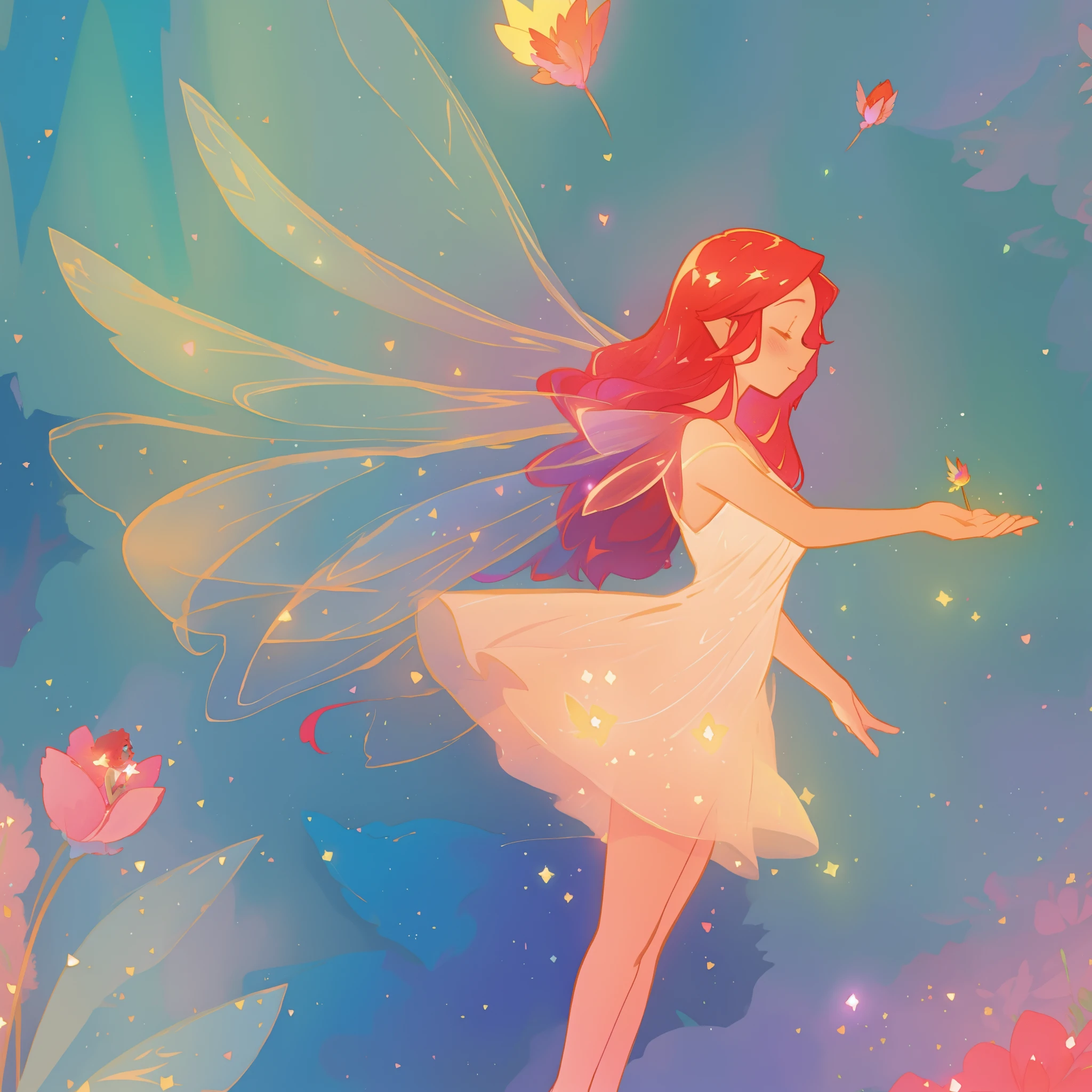 beautiful fairy girl in sparkling flowing dress, fairy dress, (huge sparkling fairy wings), fairy queen, ((magical colorful otherworldly landscape)), (glowing fairy wings), long red colorful hair, sparkling fairy wings, watercolor illustration, flowers and colorful plants, disney art style, glowing aura around her, glowing lights, beautiful digital illustration, fantasia otherworldly landscape plants flowers, beautiful, masterpiece, best quality, anime disney style