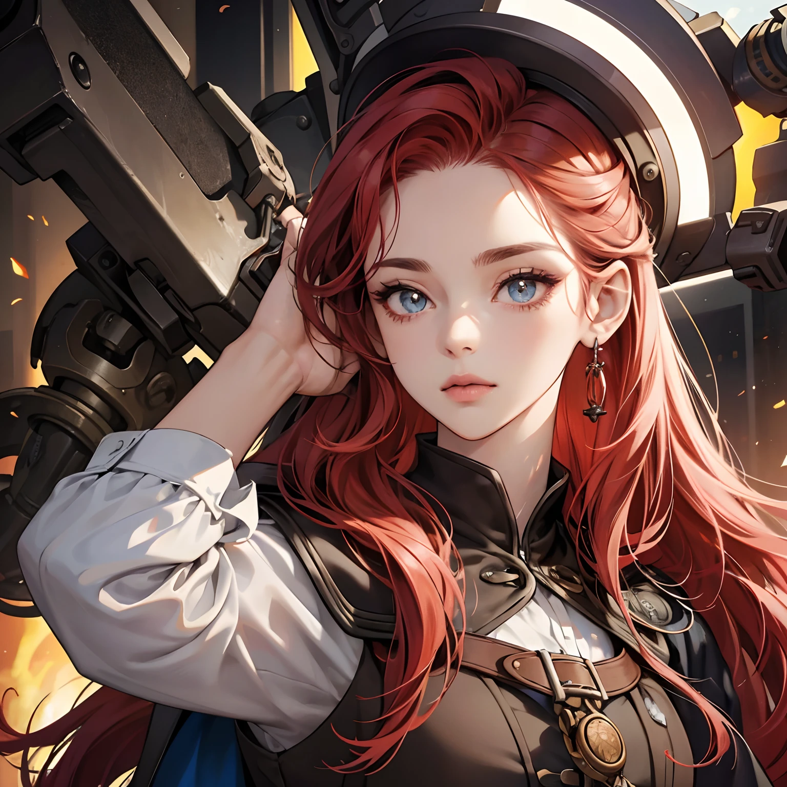 menina ruiva, Olhos vermelhos, marca semelhante a uma tatuagem na testa, roupa steampunk, close-up do rosto, Illustrations, alta qualidade, ultra-detalhado, vivid colors, retrato, tons de cores quentes, soft lighting, long flowing red hair, goggles, espartilho de couro, Mechanical Accessories, Contexto industrial, intense expression