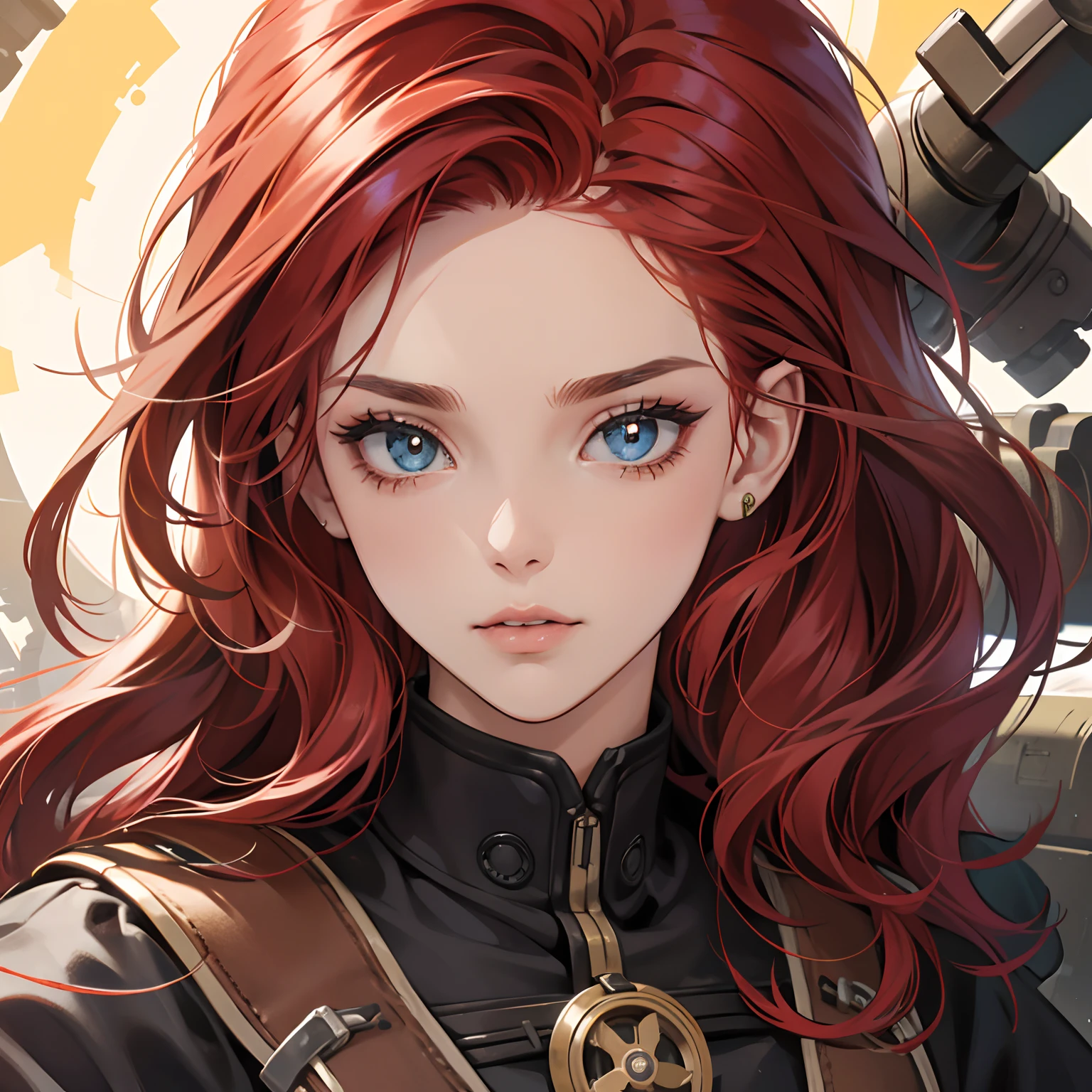 menina ruiva, Olhos vermelhos, marca semelhante a uma tatuagem na testa, roupa steampunk, close-up do rosto, Illustrations, alta qualidade, ultra-detalhado, vivid colors, retrato, tons de cores quentes, soft lighting, long flowing red hair, goggles, espartilho de couro, Mechanical Accessories, Contexto industrial, intense expression