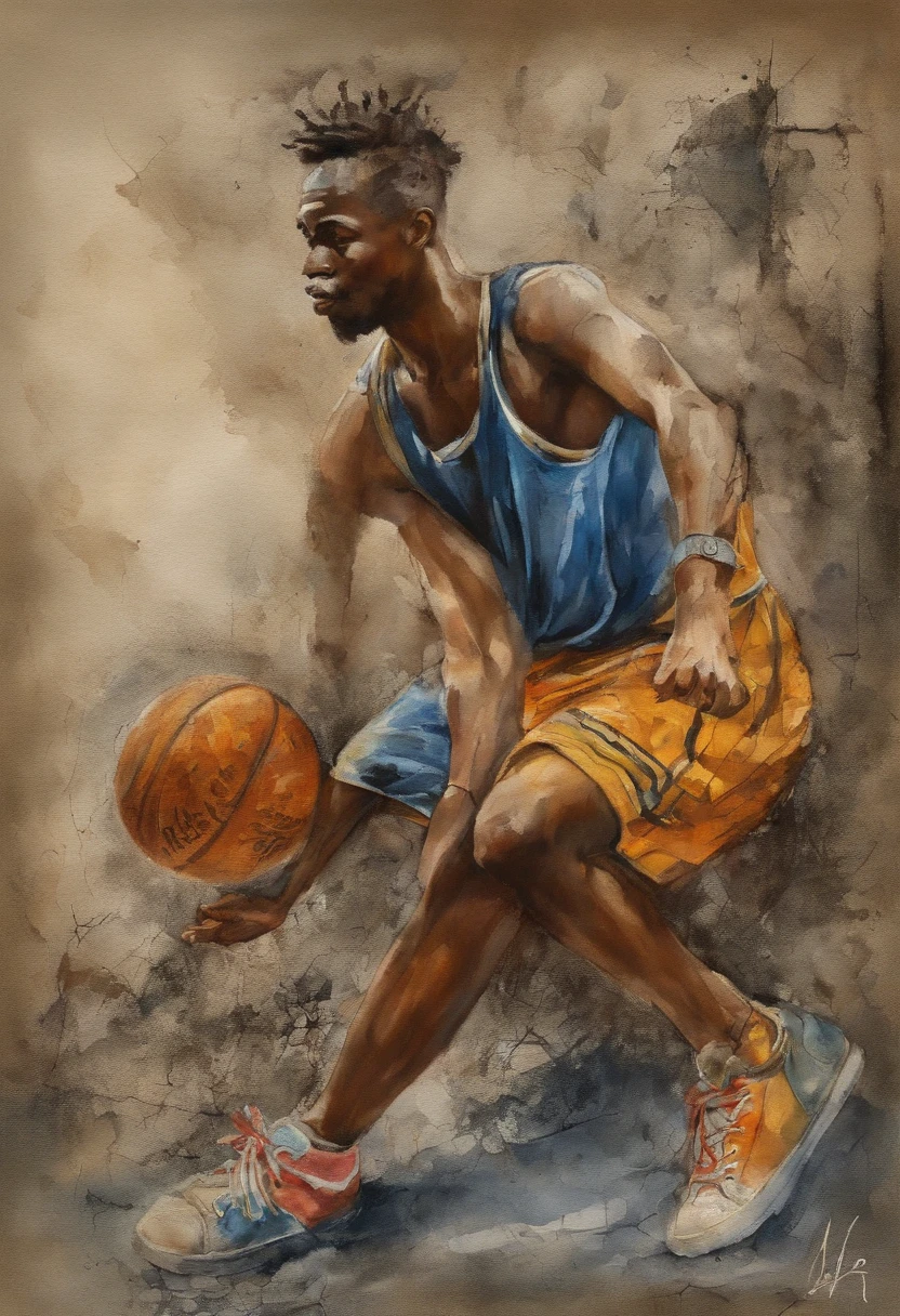Banksy art sticker, fantasy character, basketball player, basketball uniform, ((At the basketball scene)), the dunking athlete in the air, (dunk shoot:2.0),(dynamic angle:1.5), soul, digital illustration, comic book style, noir, perfect anatomy, centered, approaching perfection, dynamic, highly detailed, watercolor painting, artstation, concept art, soft, sharp focus, illustration, art by Carne Griffiths and Wadim Kashin, (viewed from below:1.5)