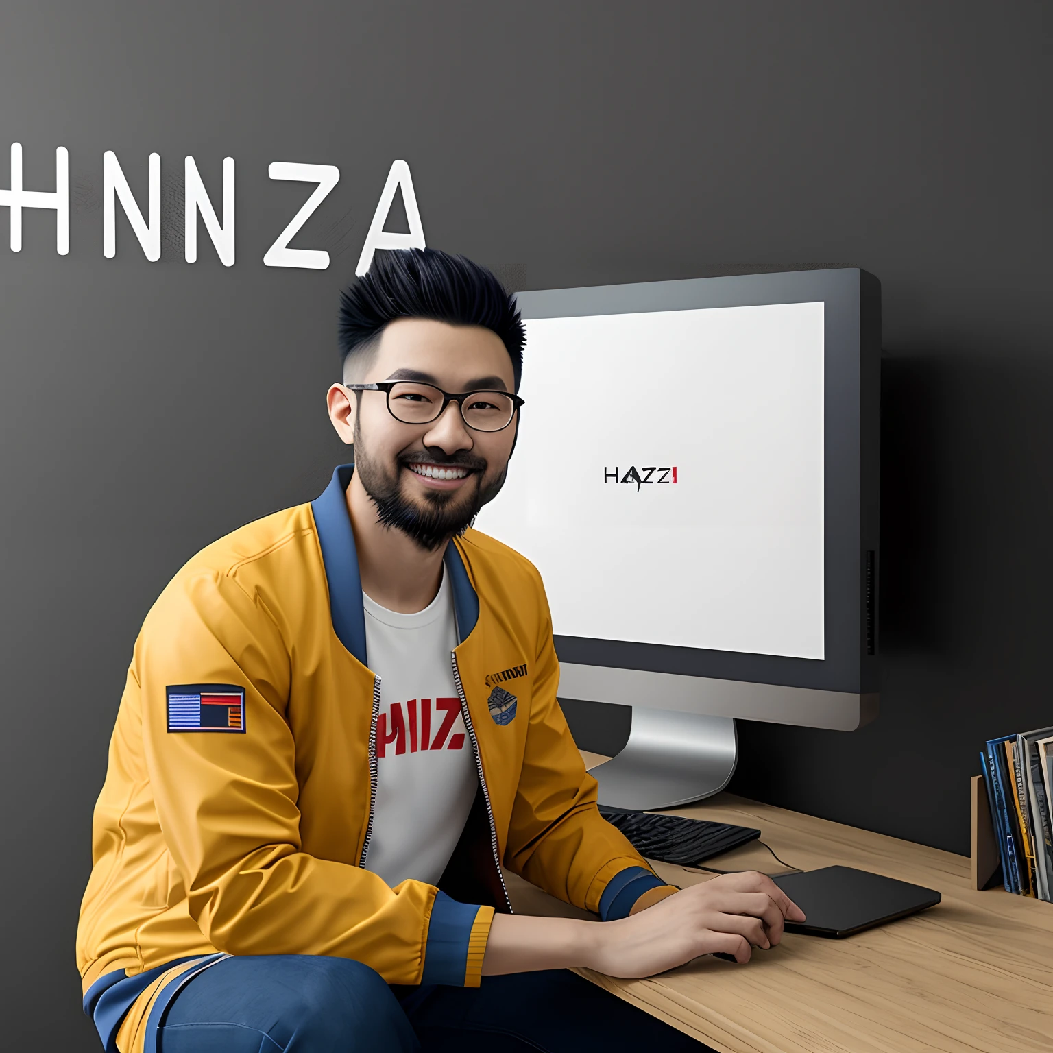 a computer nerd, sitting infront of desktop pc, wearing jacket with text "HANZO" with a little Indonesian flag at wall, realistic style