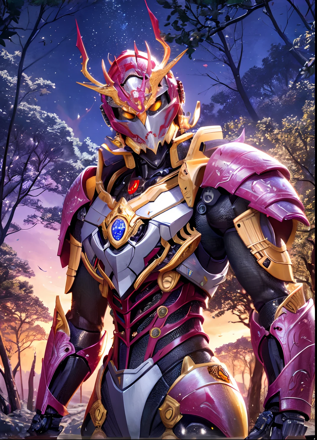 Close-up of a man in costume standing in a forest, high fantasy kamen rider, high detailed official artwork, highly detailed exquisite fanart, 8K high quality detailed art, ultra detailed game art, the golden cat armor knight, offcial art, full samurai armor spiderman, cyborg samurai, slick pink armor, sharp silver armor fuchsia skin, cyber japan samurai armor