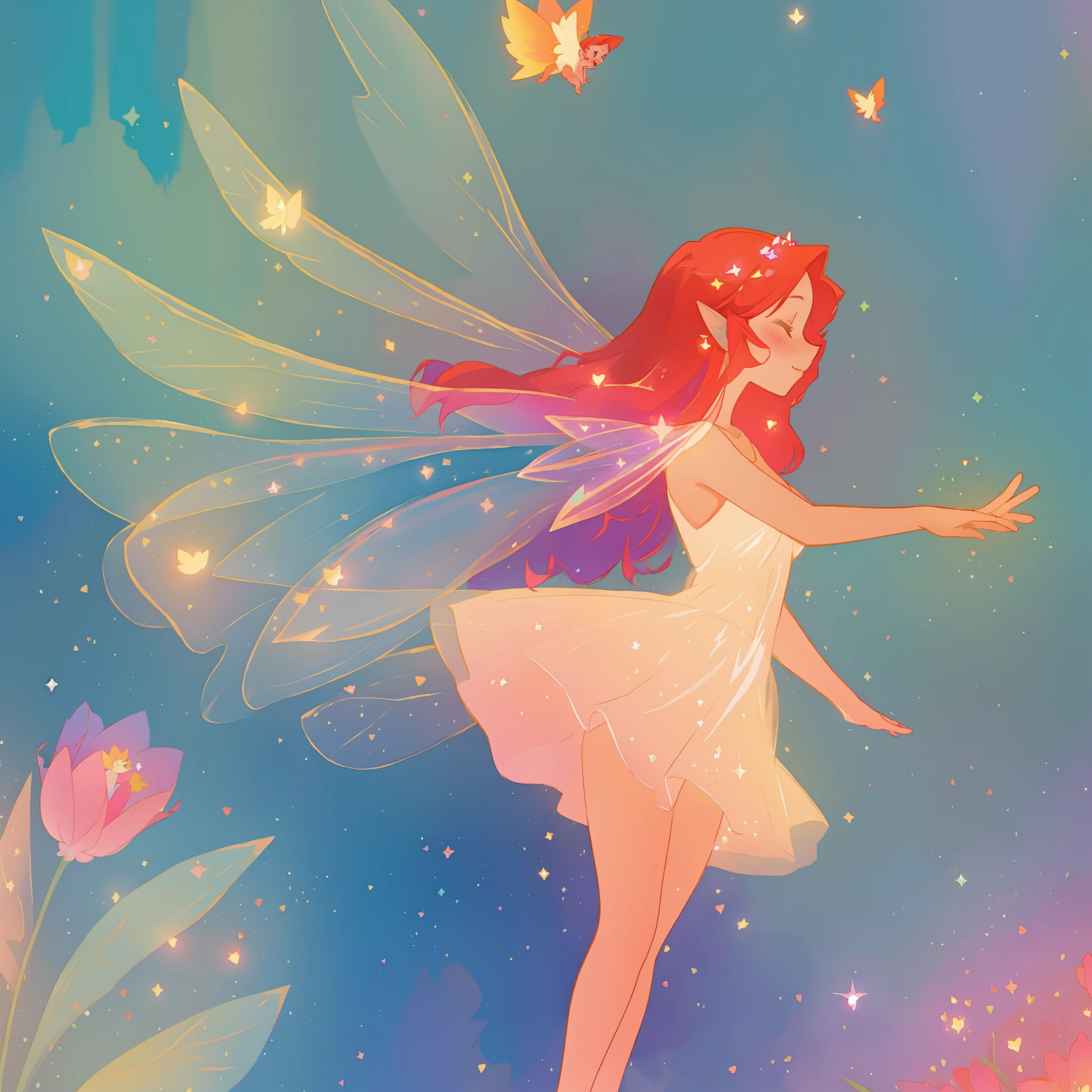 beautiful fairy girl in sparkling flowing dress, fairy dress, (huge sparkling fairy wings), fairy queen, ((magical colorful otherworldly landscape)), (glowing fairy wings), long red colorful hair, sparkling fairy wings, watercolor illustration, flowers and colorful plants, disney art style, glowing aura around her, glowing lights, beautiful digital illustration, fantasia otherworldly landscape plants flowers, beautiful, masterpiece, best quality, anime disney style