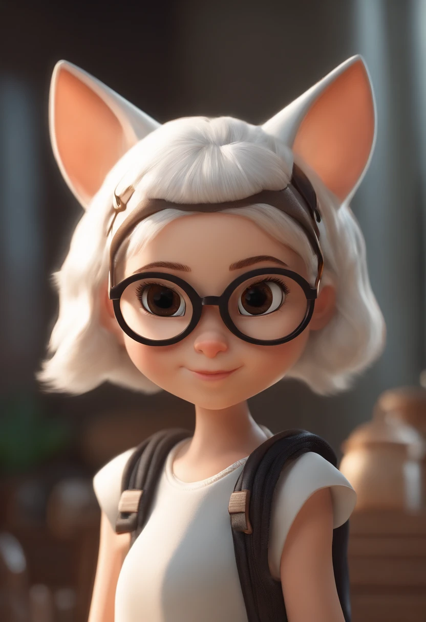 Personagem de desenho animado de uma , cabelos pretos lisos, com franja, olhos castanhos escuros, wearing black glasses and a white cat shirt, um personagem animado, Caractere estilizado, animation style rendering, 3D estilizado, Arnold Maya render, 3 d render stylized, toon render keyshot, Personagem 3D, Personagem 3D, 3d rendering stylized, 3 d character render, personagem de desenho animado, Personagem de close up, Pose de personagem, (Estilo Pixar) (master part:1.2) (Bokeh) (best quality) (pele detalhada) (textura detalhada) (8k) (argila) (Cinematic lighting) (foco nítido,Senta e vaza a parte superior do corpo