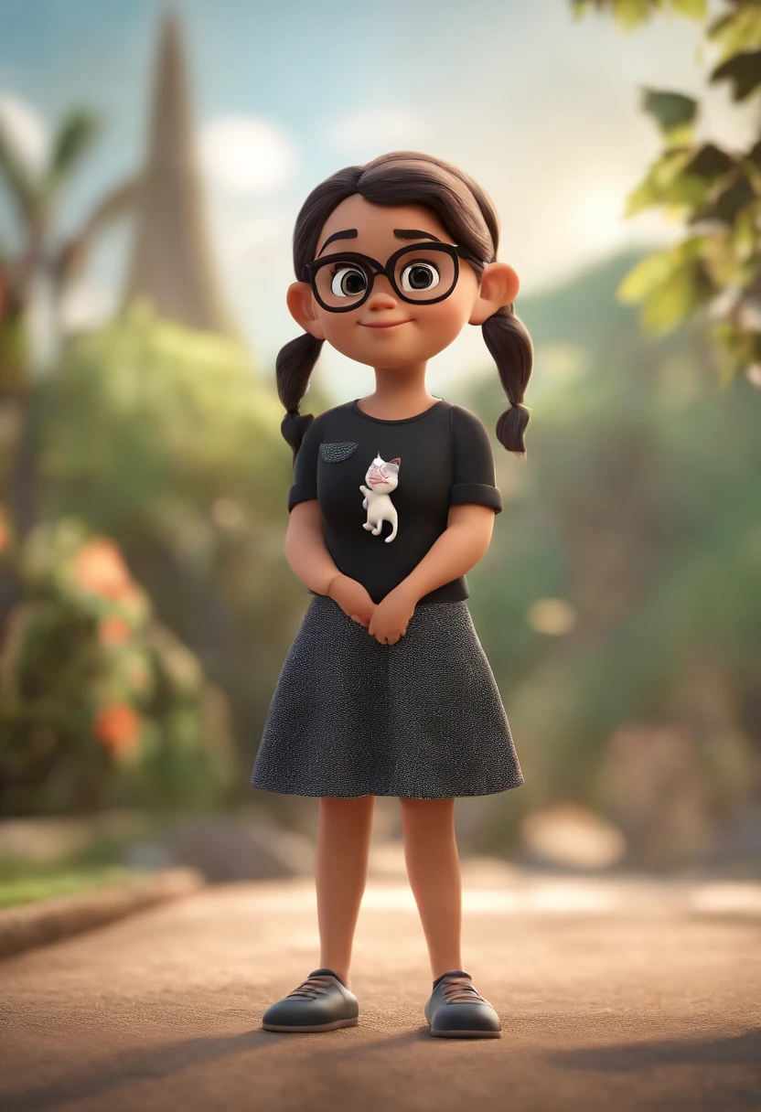 Personagem de desenho animado de uma menina, cabelos pretos lisos, com franja, olhos castanhos escuros, wearing black glasses and a white cat shirt, um personagem animado, Caractere estilizado, animation style rendering, 3D estilizado, Arnold Maya render, 3 d render stylized, toon render keyshot, Personagem 3D, Personagem 3D, 3d rendering stylized, 3 d character render, personagem de desenho animado, Personagem de close up, Pose de personagem, (Estilo Pixar) (master part:1.2) (Bokeh) (best quality) (pele detalhada) (textura detalhada) (8k) (argila) (Cinematic lighting) (foco nítido，Senta e vaza a parte superior do corpo