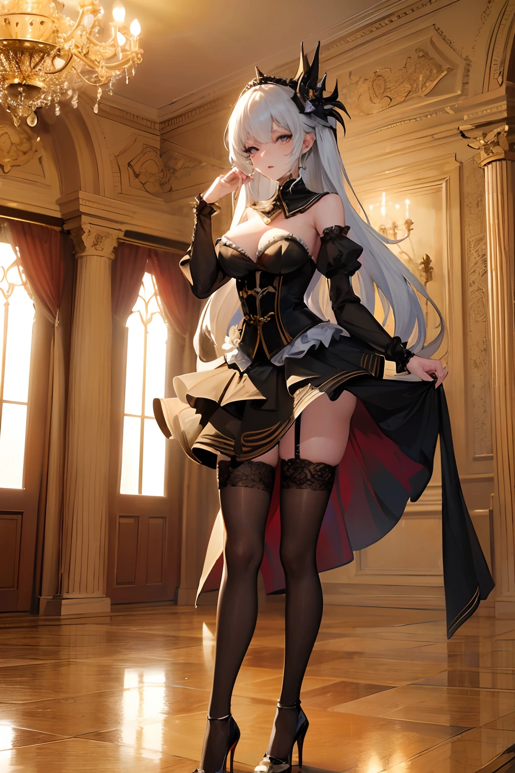 (Masterpiece, Best quality, Ultra detailed, absurderes)1.5, 1girll, (Sexy, Beautiful woman, Perfect face, Perfect eyes, Perfect female body, Huge breasts)1.5, (Masquerade balls are trendy, wig, Elaborate dress, Stockings, High heels, Full face mask, Covered , Carmelto, ), (standing, Skirt lift, Indoors, European-style mansion), Perfect lighting, smooth, hdr