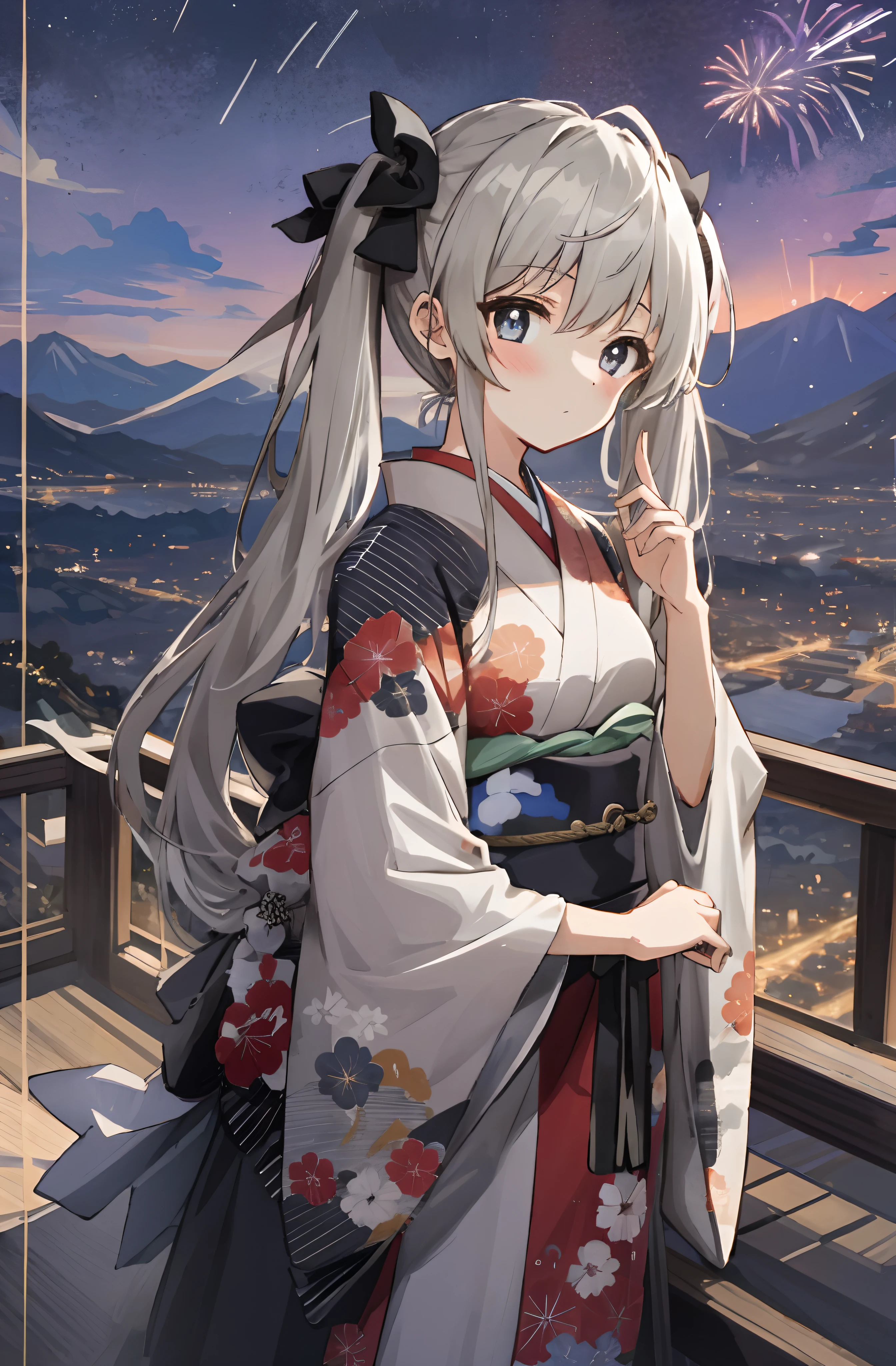 (Masterpiece,best qualtiy,A high resolution:2),1girl,high school senior,white skinned,Gray-black pupils,twintails,komono,Japanese kimono,Delicate face,Fireworks festival,Mountaintop Observation Deck,hilltop,Vast night sky background,the night,The environment is dim,Sora Kasugano,Animated illustration style,pixiv popular,Cowboy shooting,Full body in camera,16K,8K,High Picture Quality,High pixel ratio
